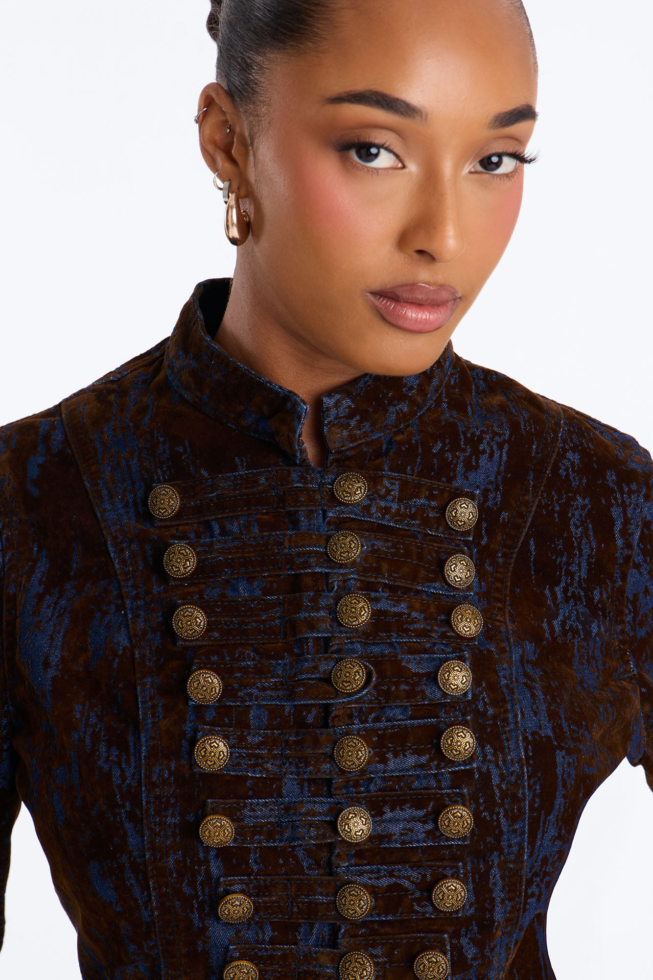 Royal Decree Flocked Denim Blazer Jacket - Brown Combo