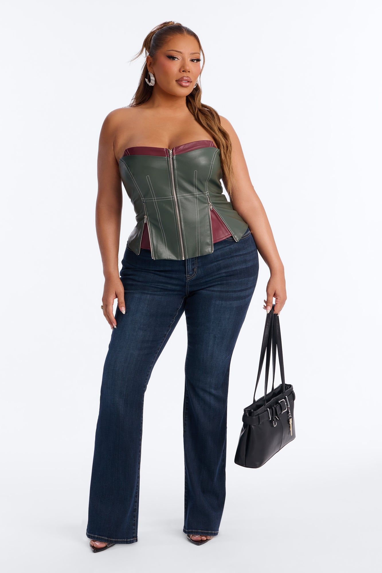 Past Midnight Faux Leather Zip Up Corset Top - Olive/combo