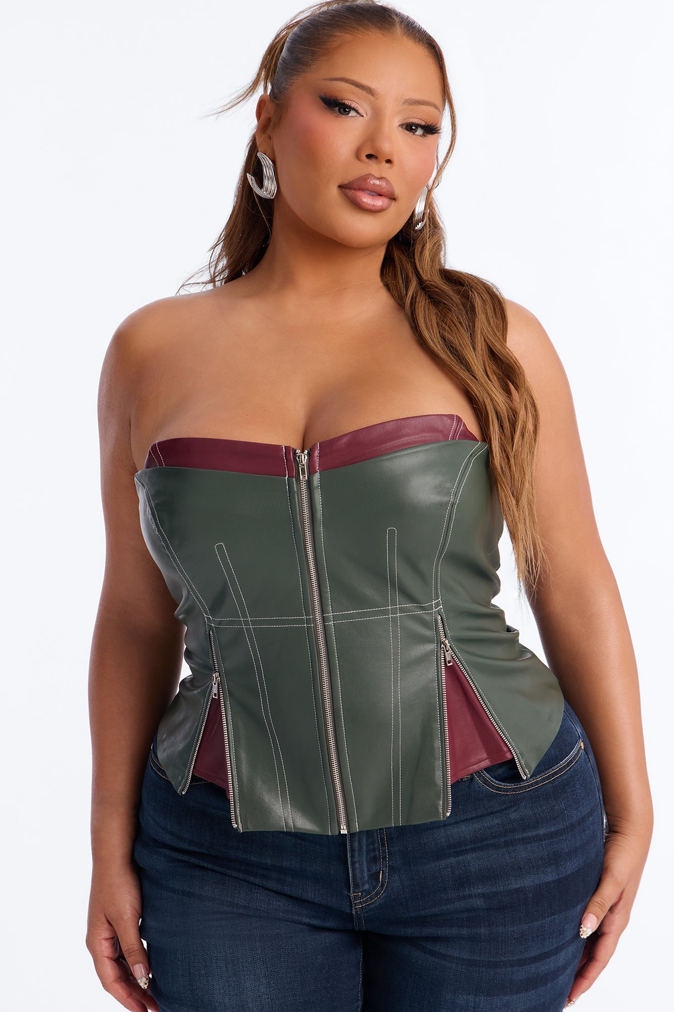 Past Midnight Faux Leather Zip Up Corset Top - Olive/combo