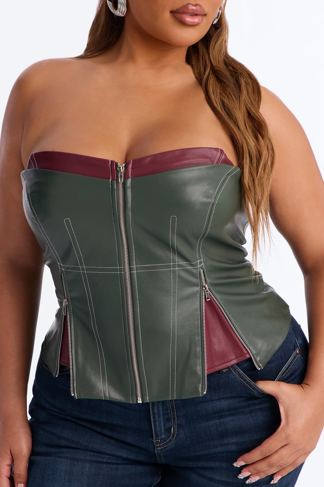 Past Midnight Faux Leather Zip Up Corset Top - Olive/combo