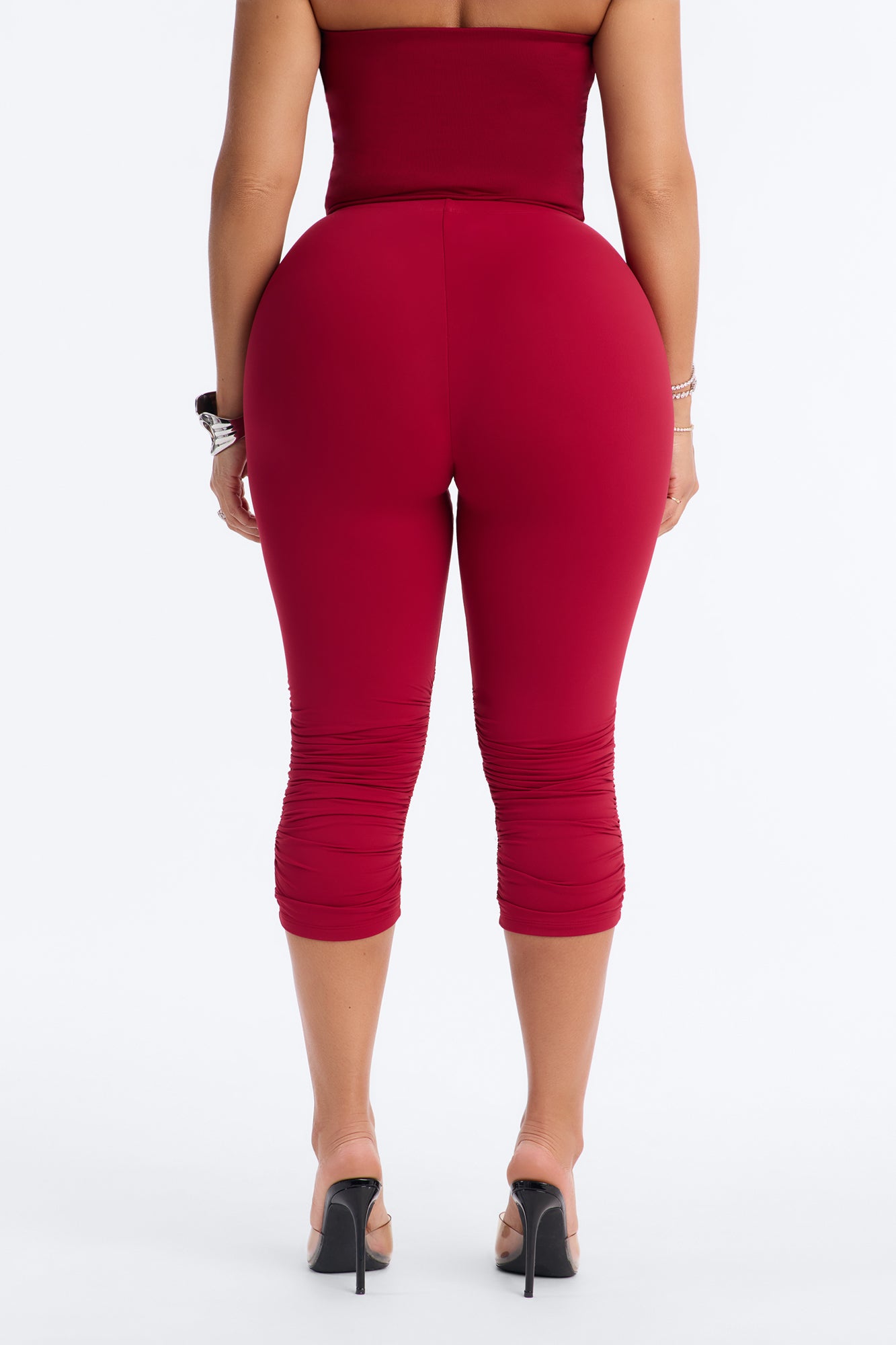 Second Skin Double Lined Ruched Low Rise Capri Legging - DarkRed