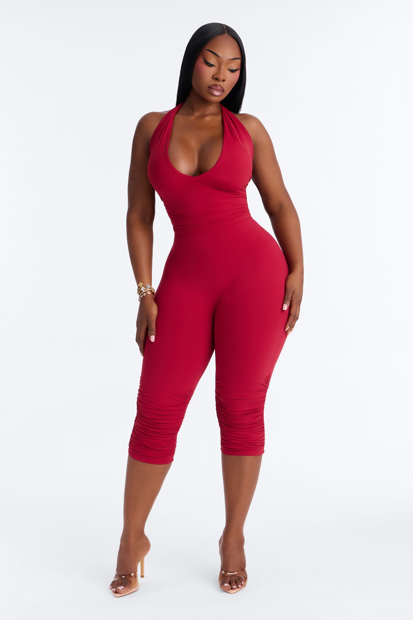 Second Skin Double Lined Ruched Low Rise Capri Legging - DarkRed