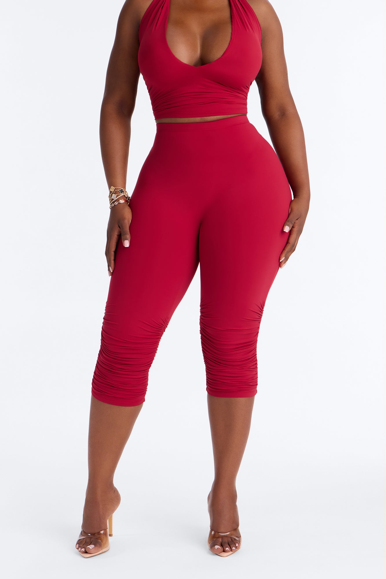 Second Skin Double Lined Ruched Low Rise Capri Legging - DarkRed