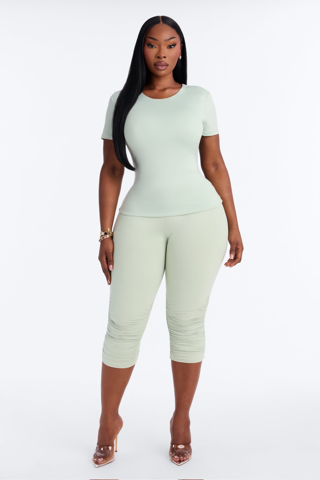 Second Skin Double Lined Ruched Low Rise Capri Legging - Mint