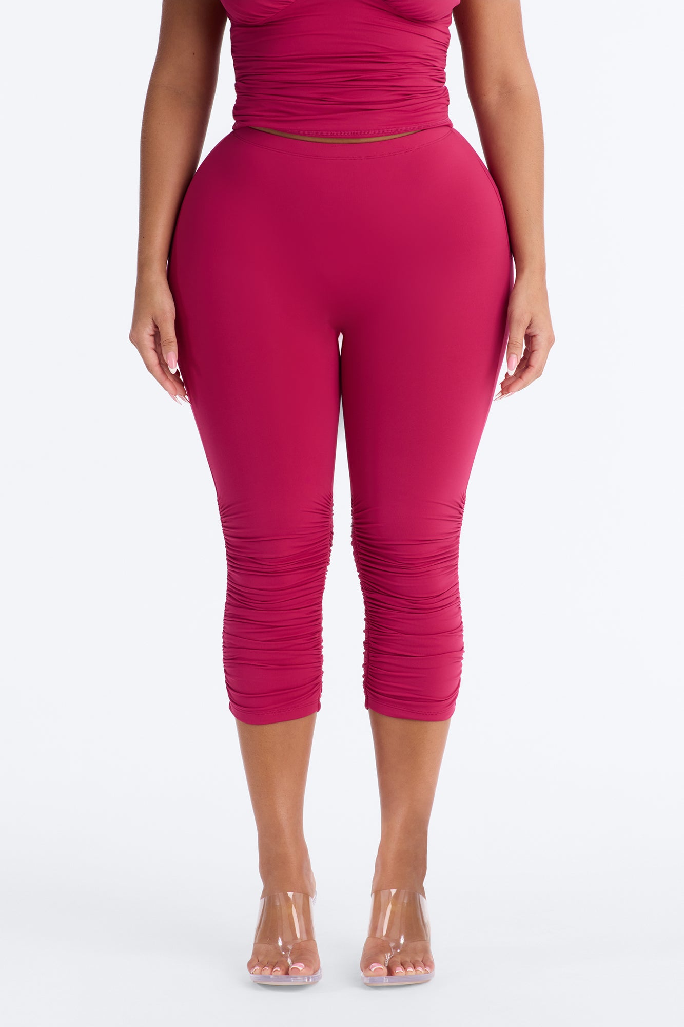 Second Skin Double Lined Ruched Low Rise Capri Legging - Raspberry