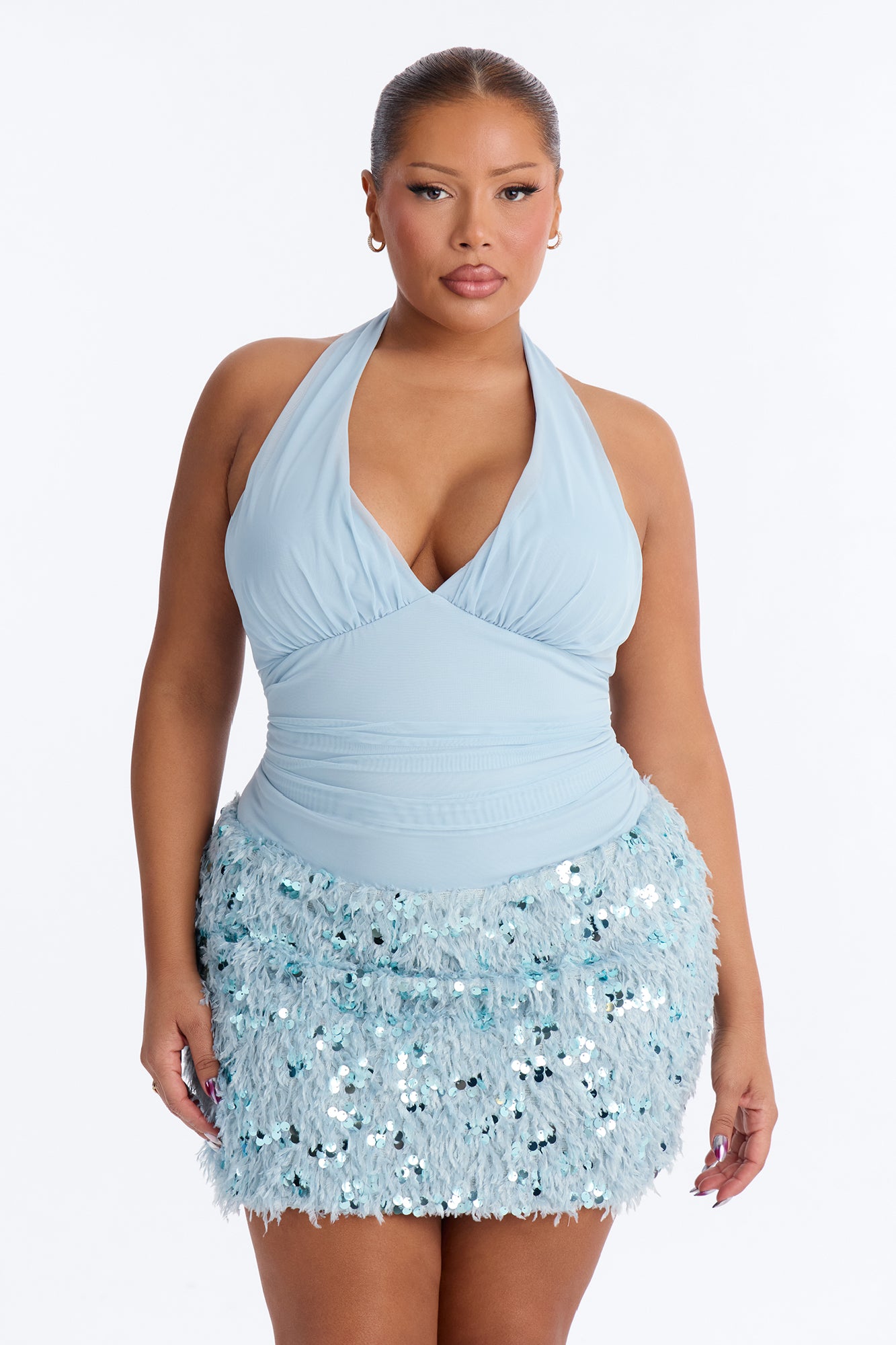 Aryanna Embellished Feather Mini Dress - Aqua