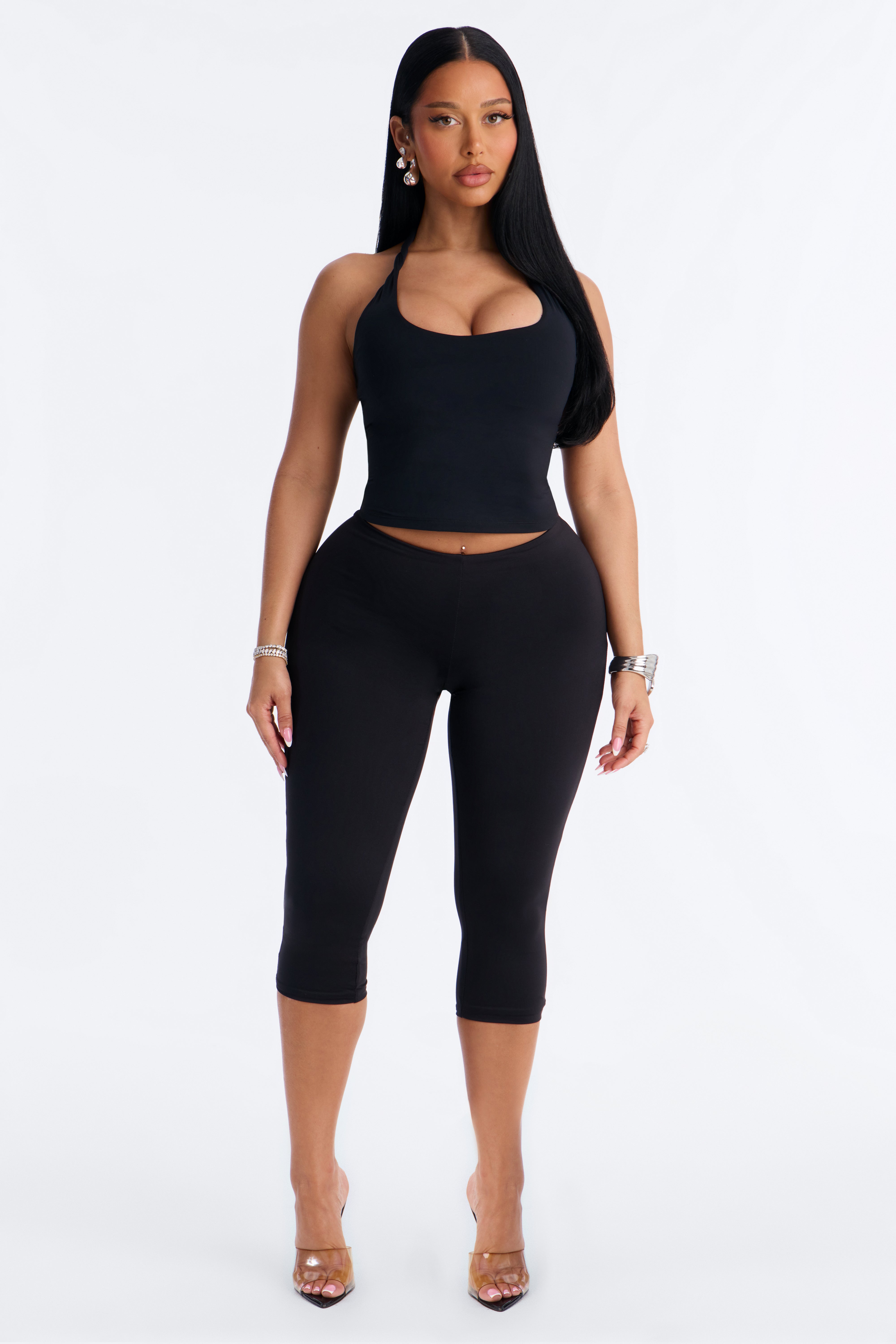 Second Skin Double Lined Twist U Neck Halter Top - Black