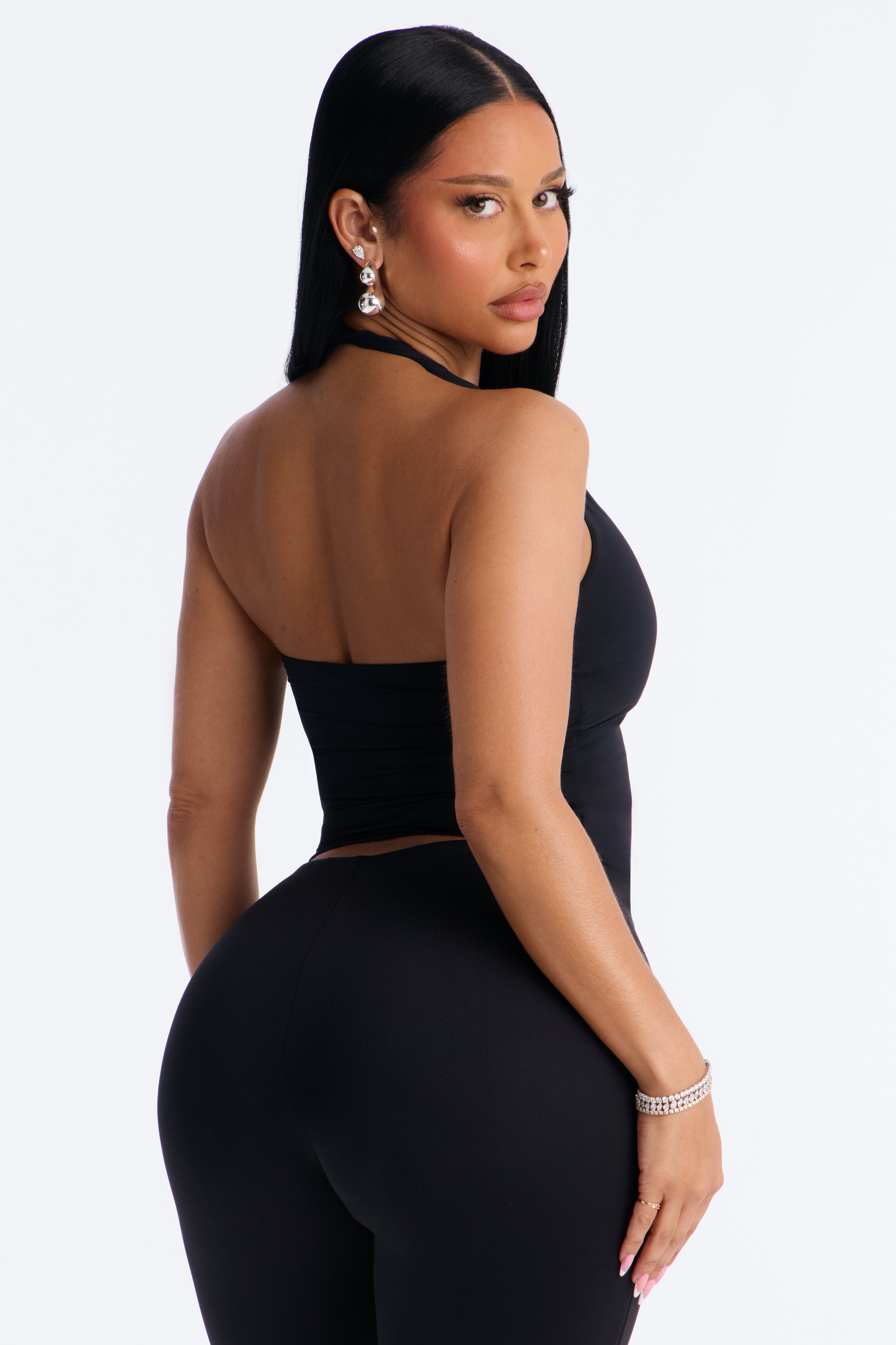 Second Skin Double Lined Twist U Neck Halter Top - Black