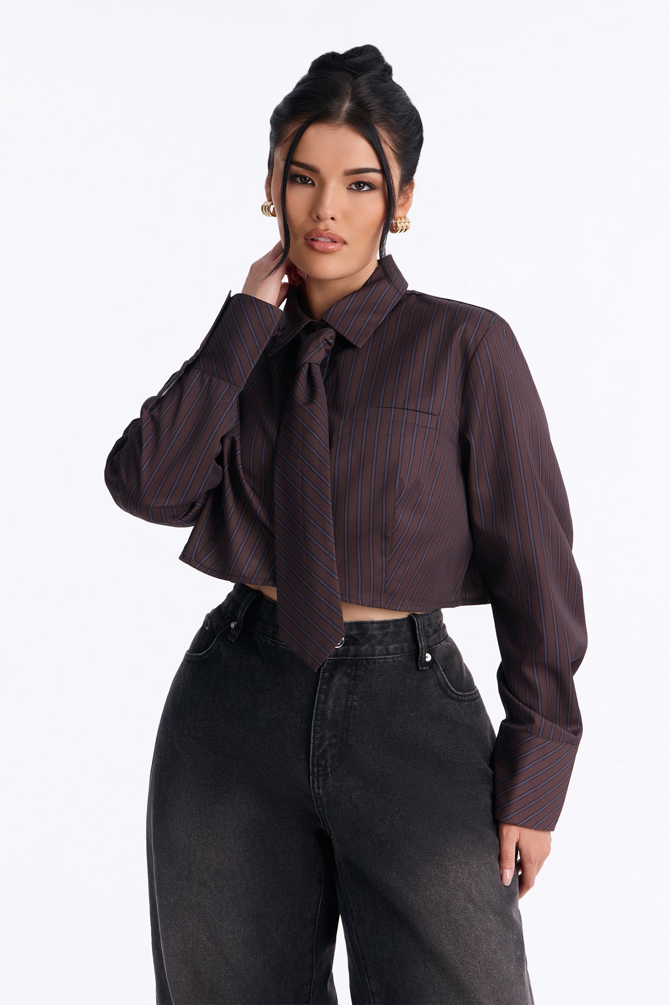 Real Woman Striped Poplin Tie Shirt - Brown Combo