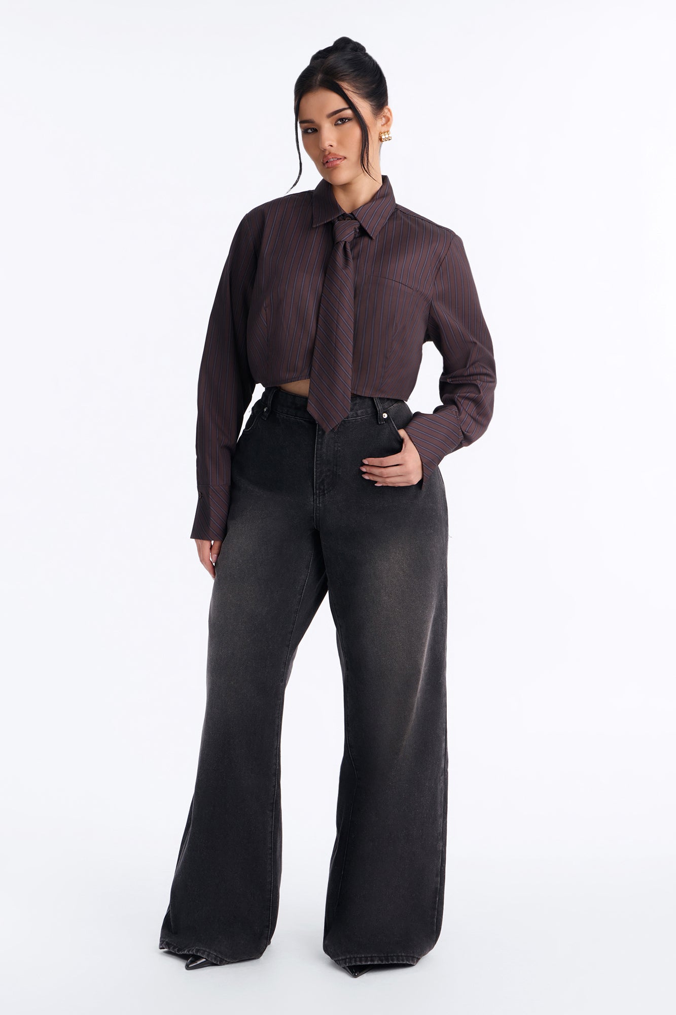 Real Woman Striped Poplin Tie Shirt - Brown Combo