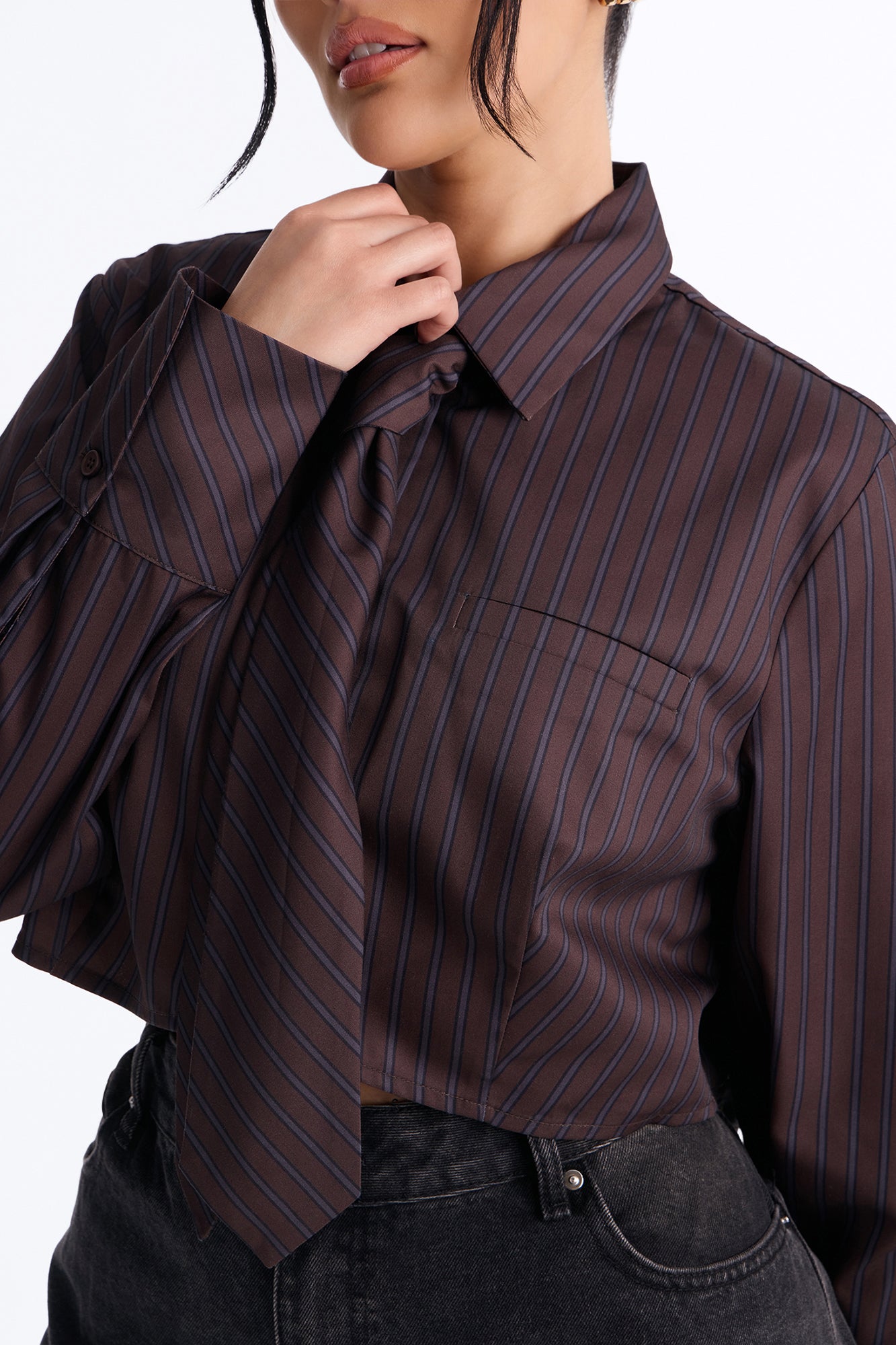 Real Woman Striped Poplin Tie Shirt - Brown Combo