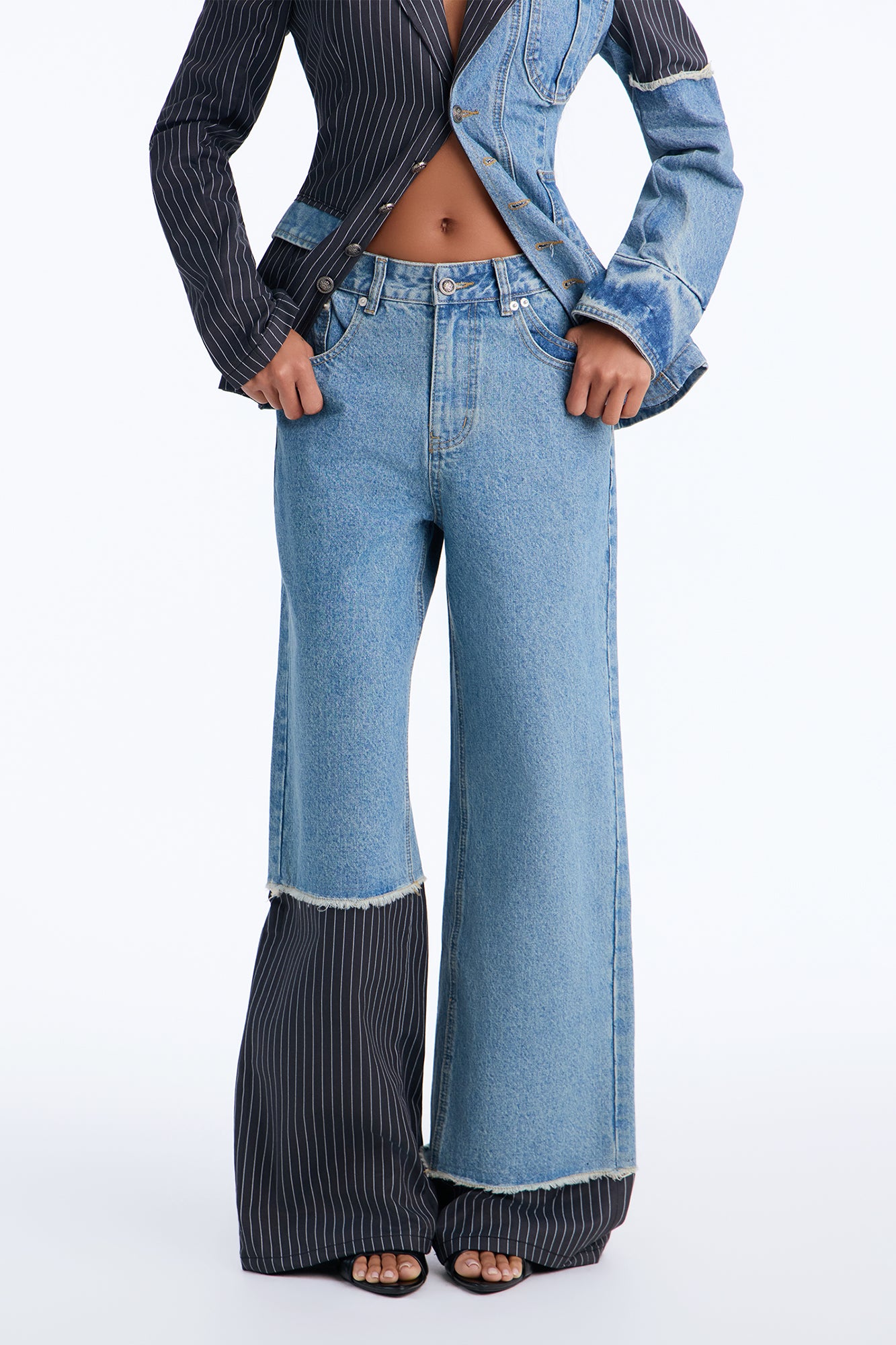 The Alibi Deconstructed Pinstripe Wide Leg Jeans - Medium Wash