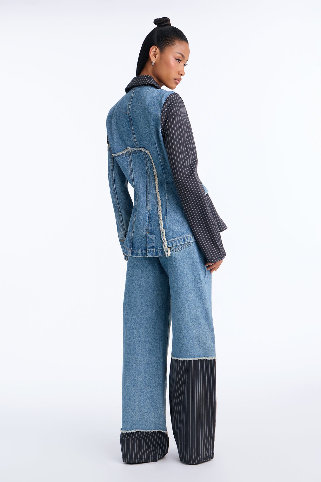 The Alibi Deconstructed Pinstripe Wide Leg Jeans - Medium Wash