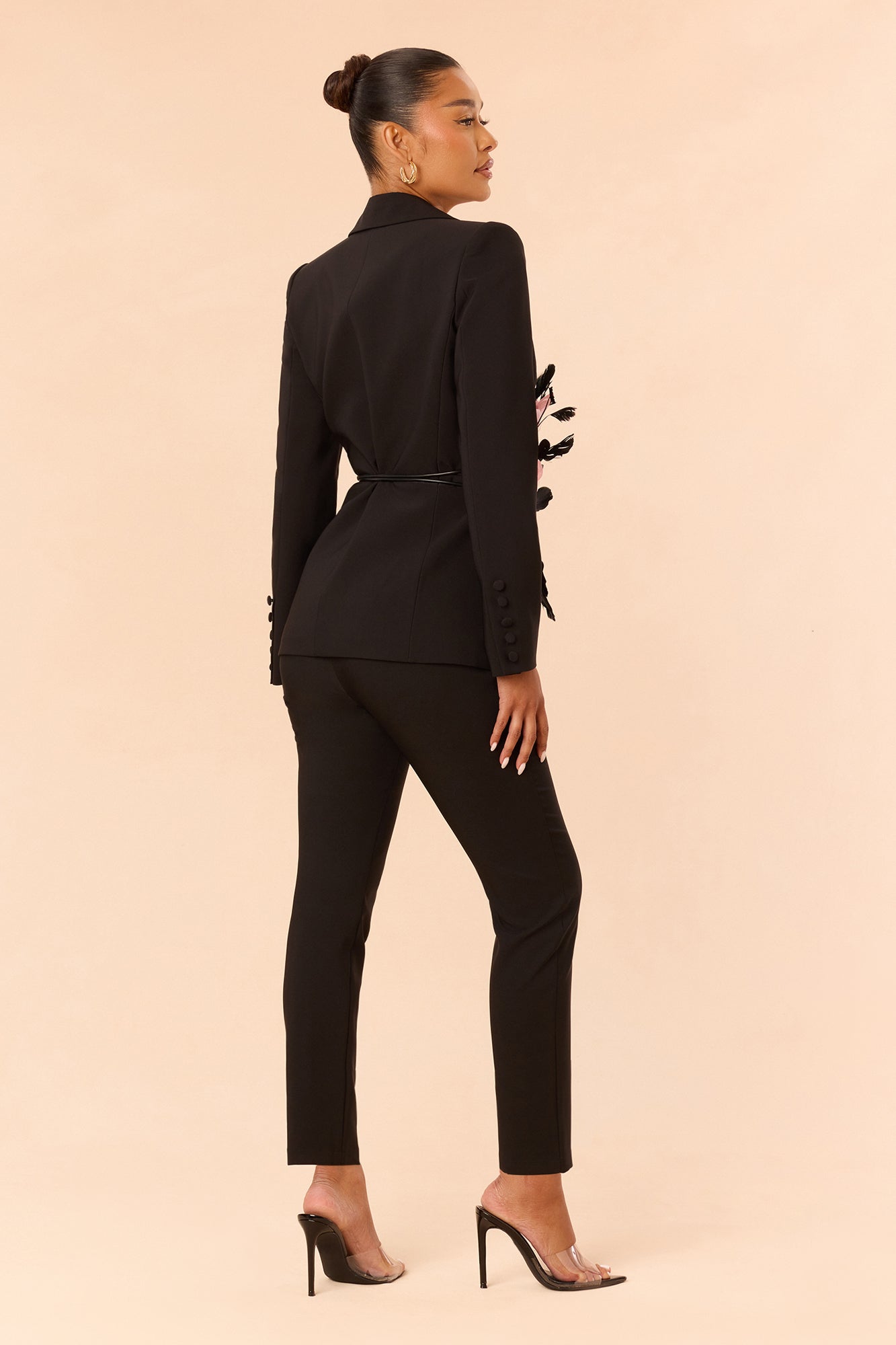 Kahlea Floral Applique Belted Pant Set - Black