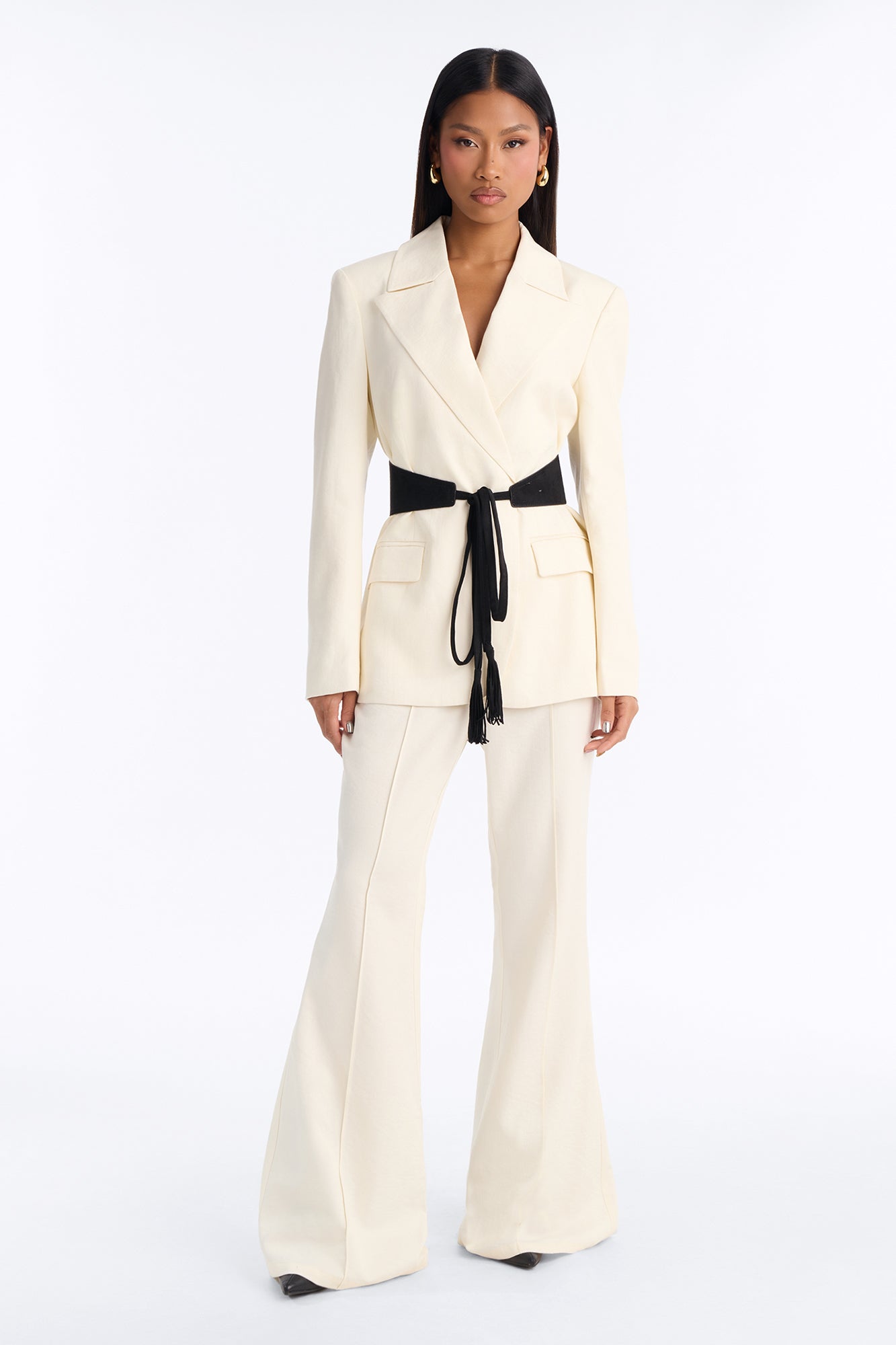 Faye Double Breasted Belted Waist Blazer - Ivory