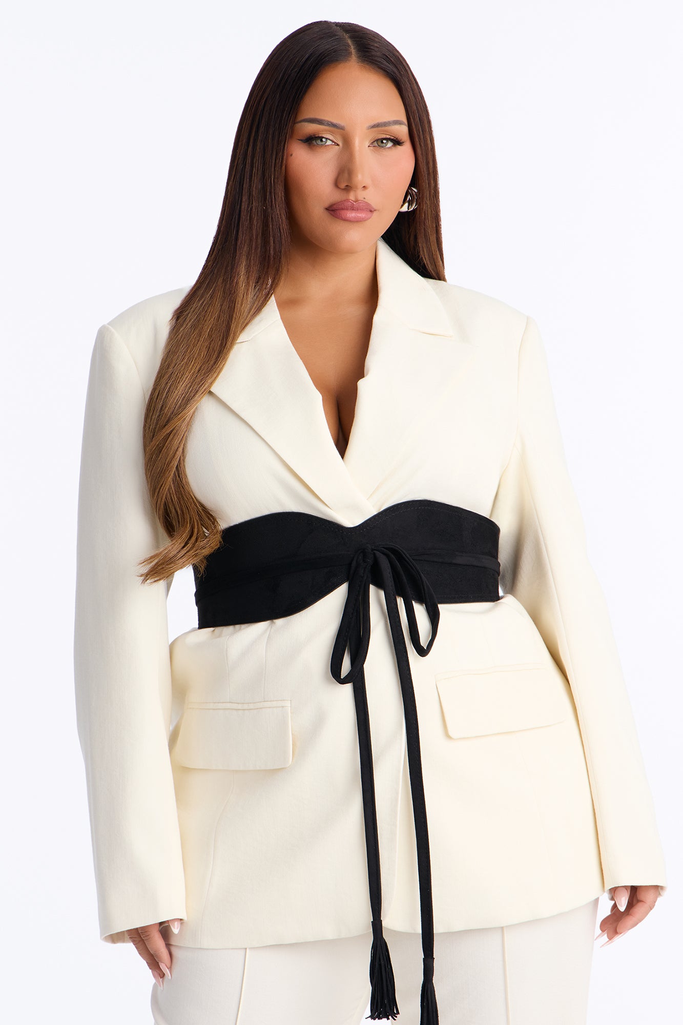 Faye Double Breasted Belted Waist Blazer - Ivory