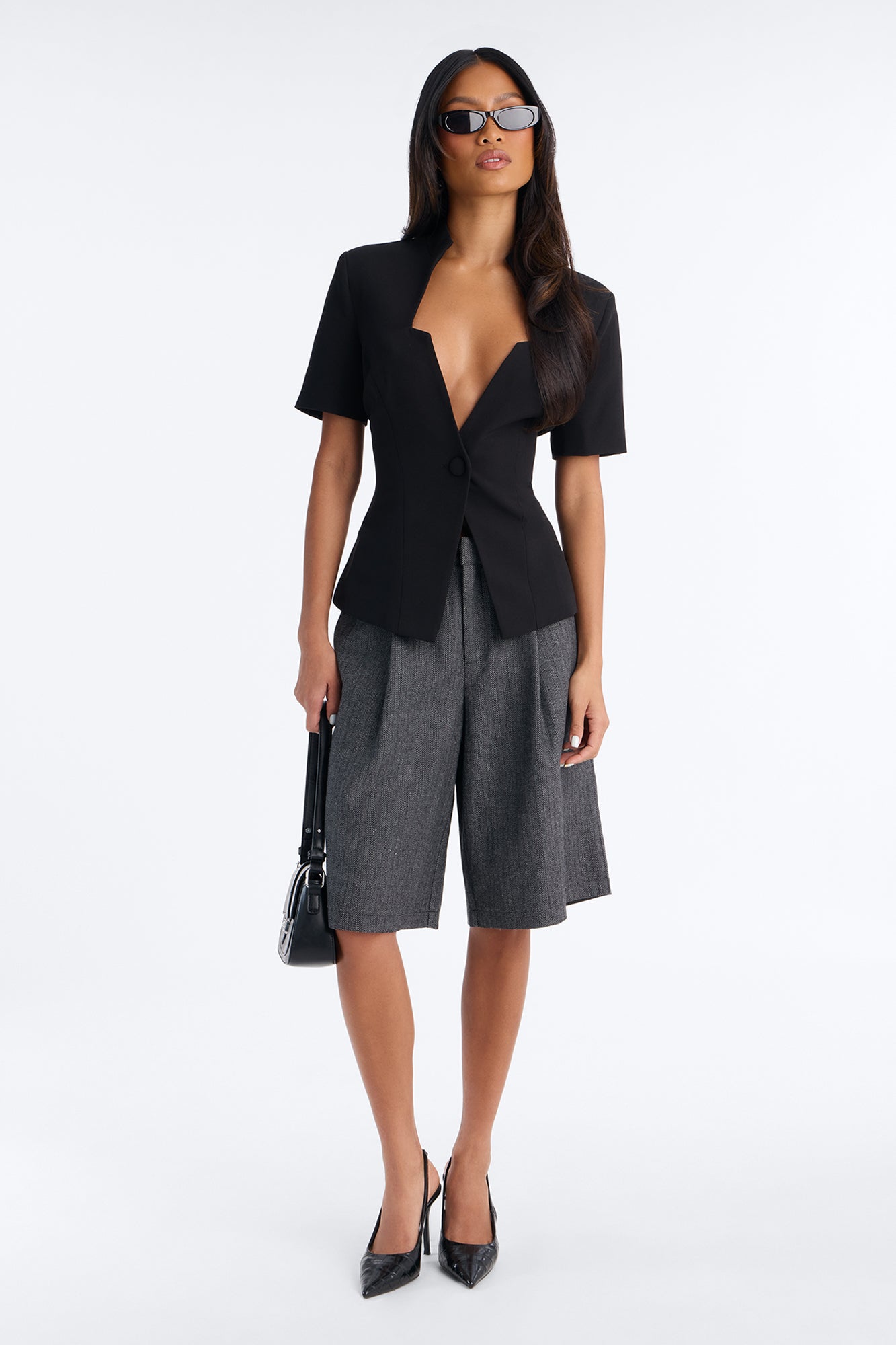 Gemini Dreams Stand Collar Short Sleeve Blazer - Black
