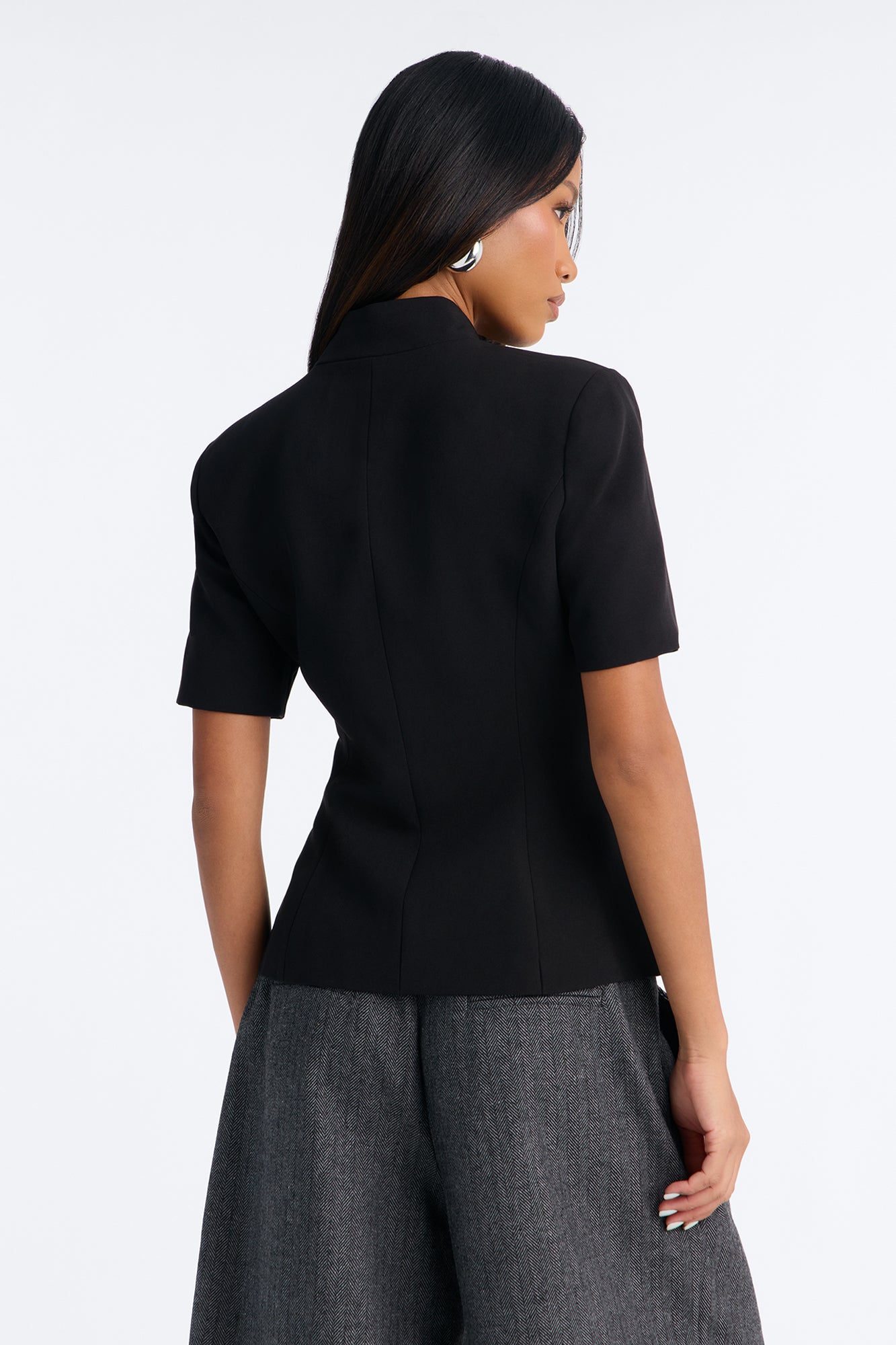 Gemini Dreams Stand Collar Short Sleeve Blazer - Black