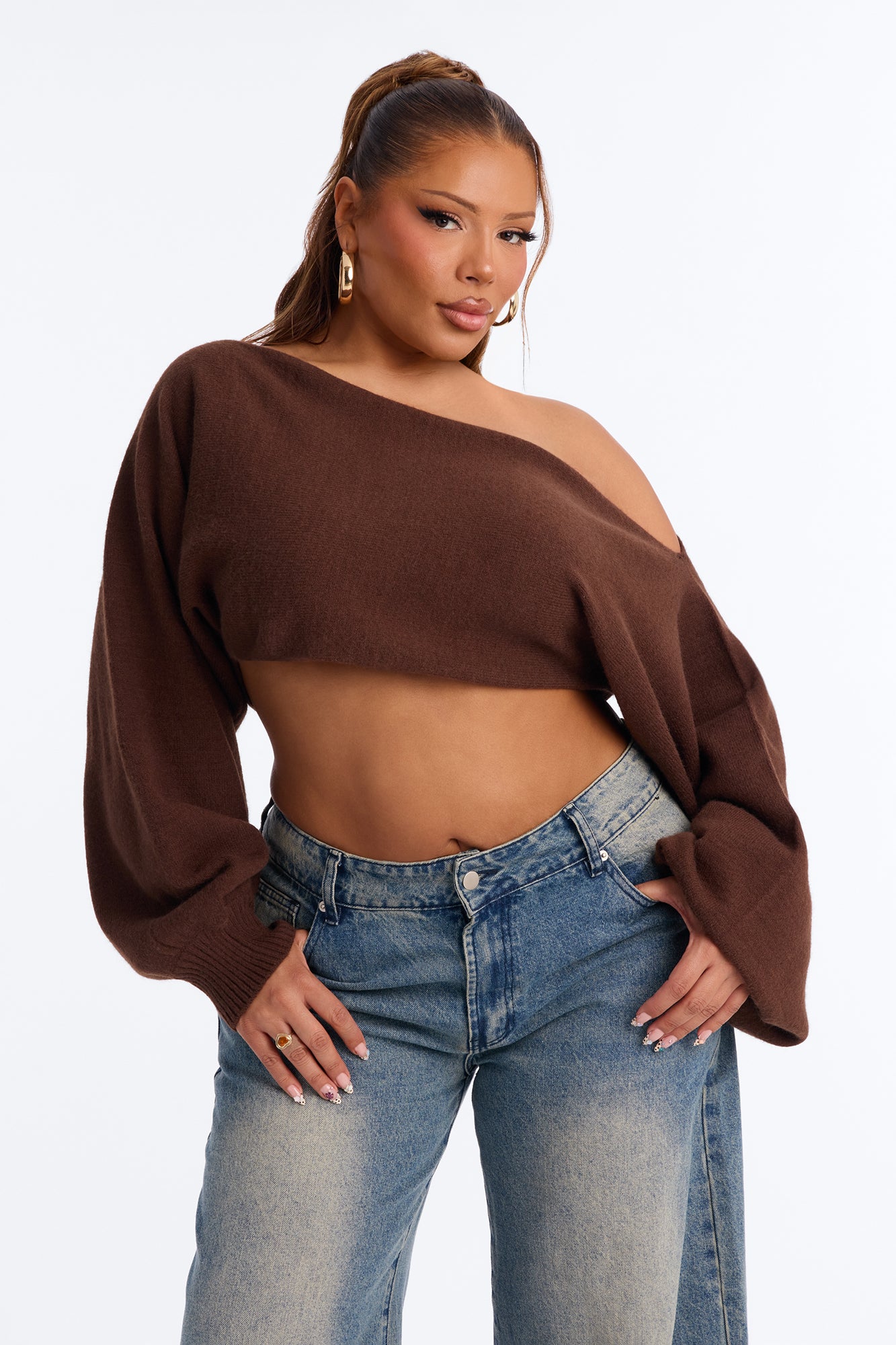 Love Away One Shoulder Sweater Top - Chocolate