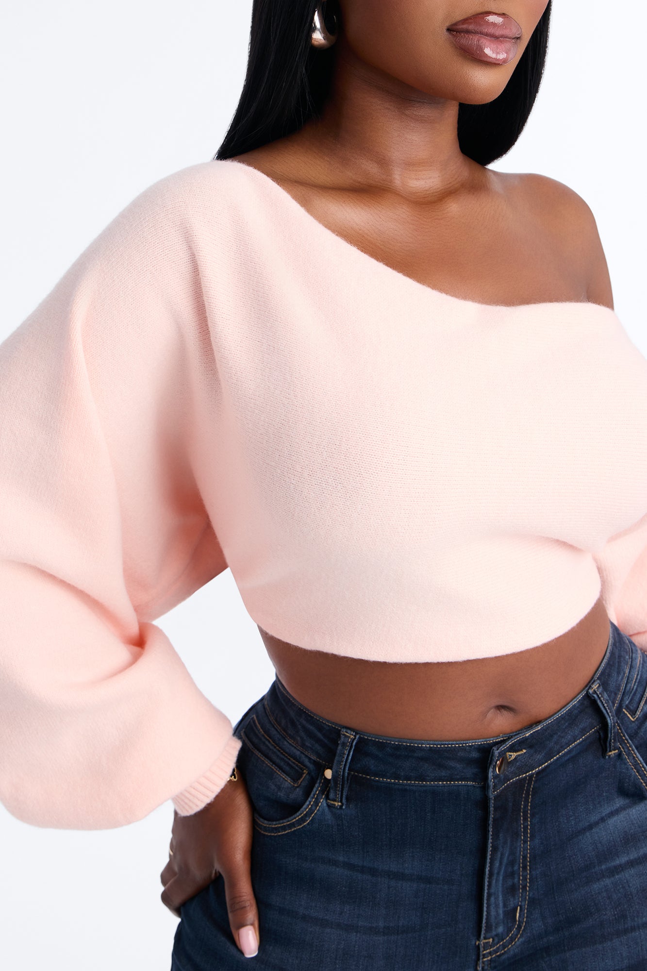 Love Away One Shoulder Sweater Top - Light Pink