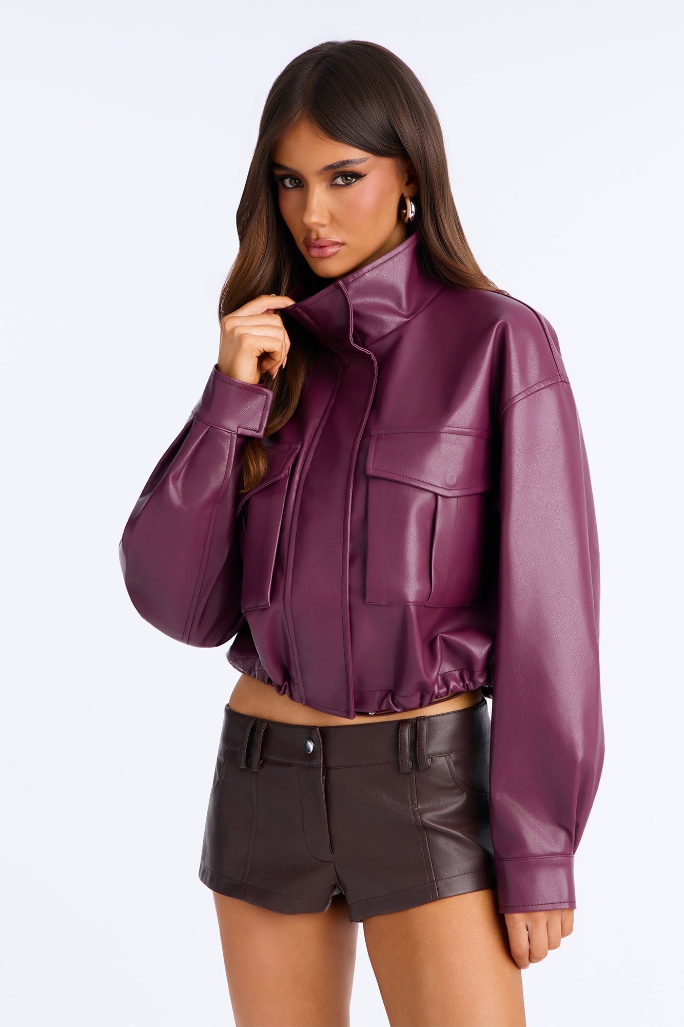 No Hard Feelings Faux Leather Cropped Bomber Jacket - Burgundy