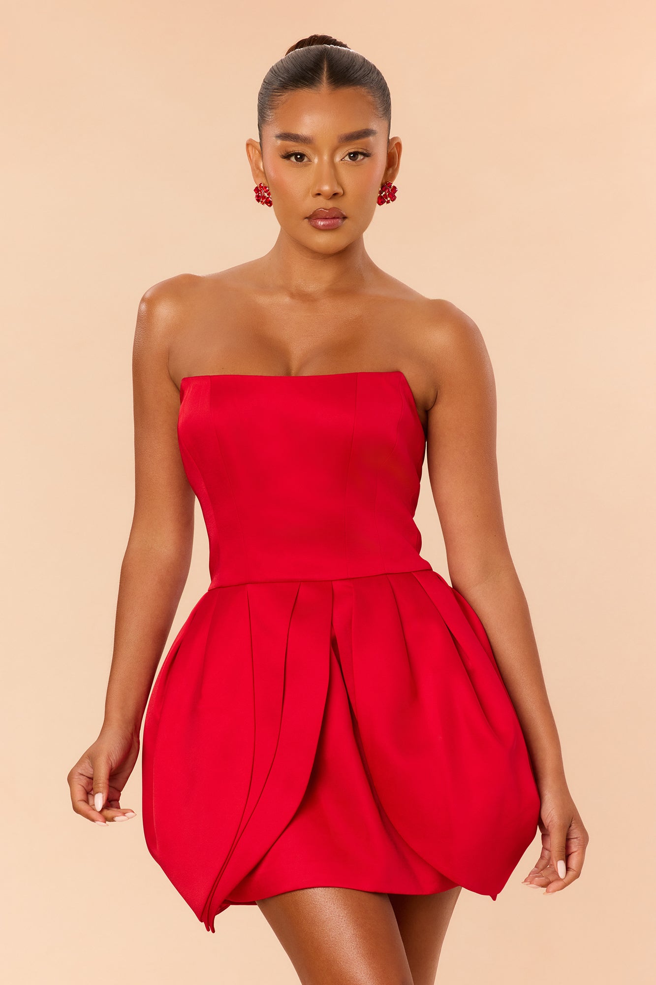 Rayah Strapless Tulip Satin Mini Dress - Red