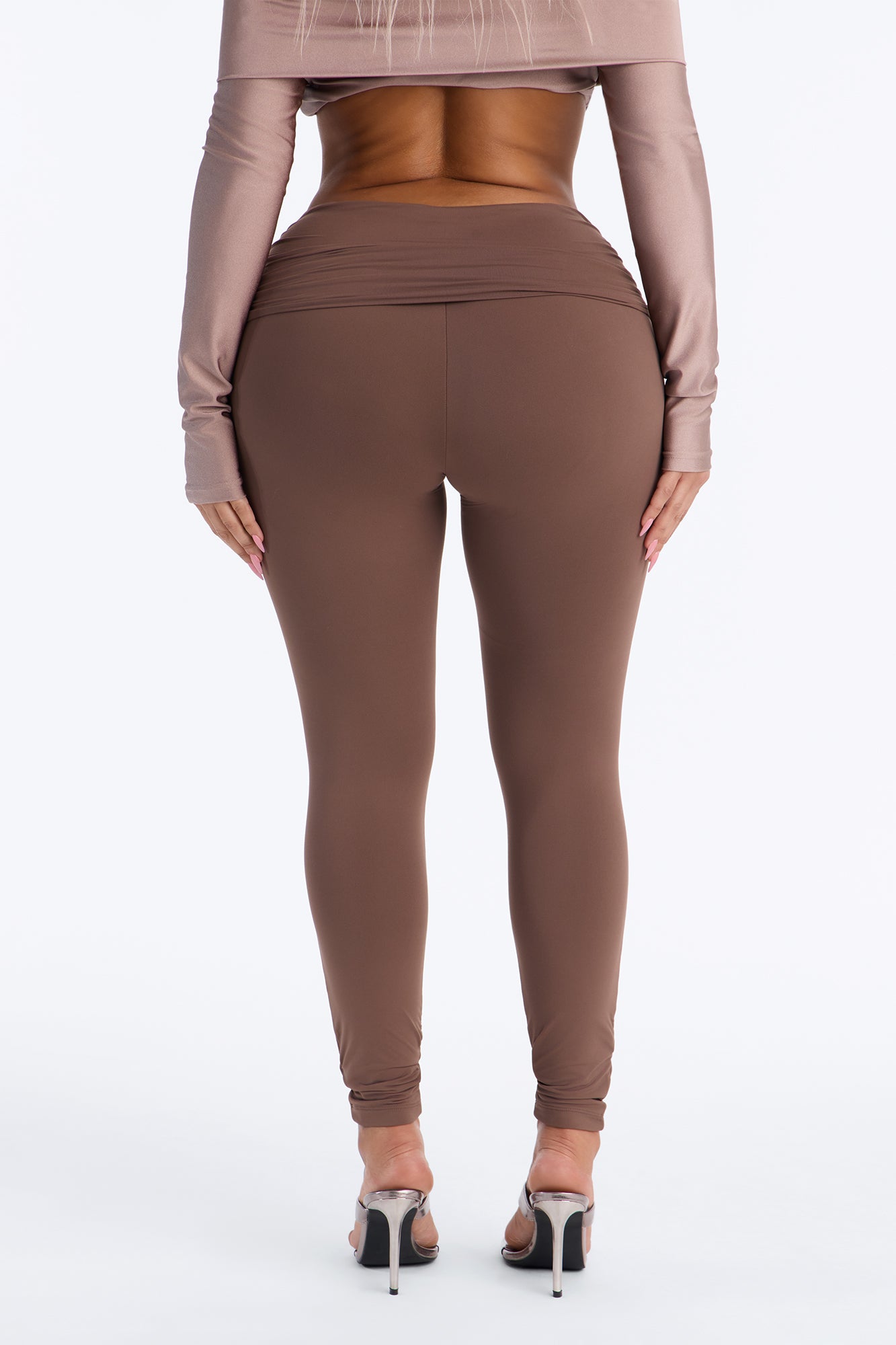 Second Skin Double Lined Ruched Foldover Leggings - Brown