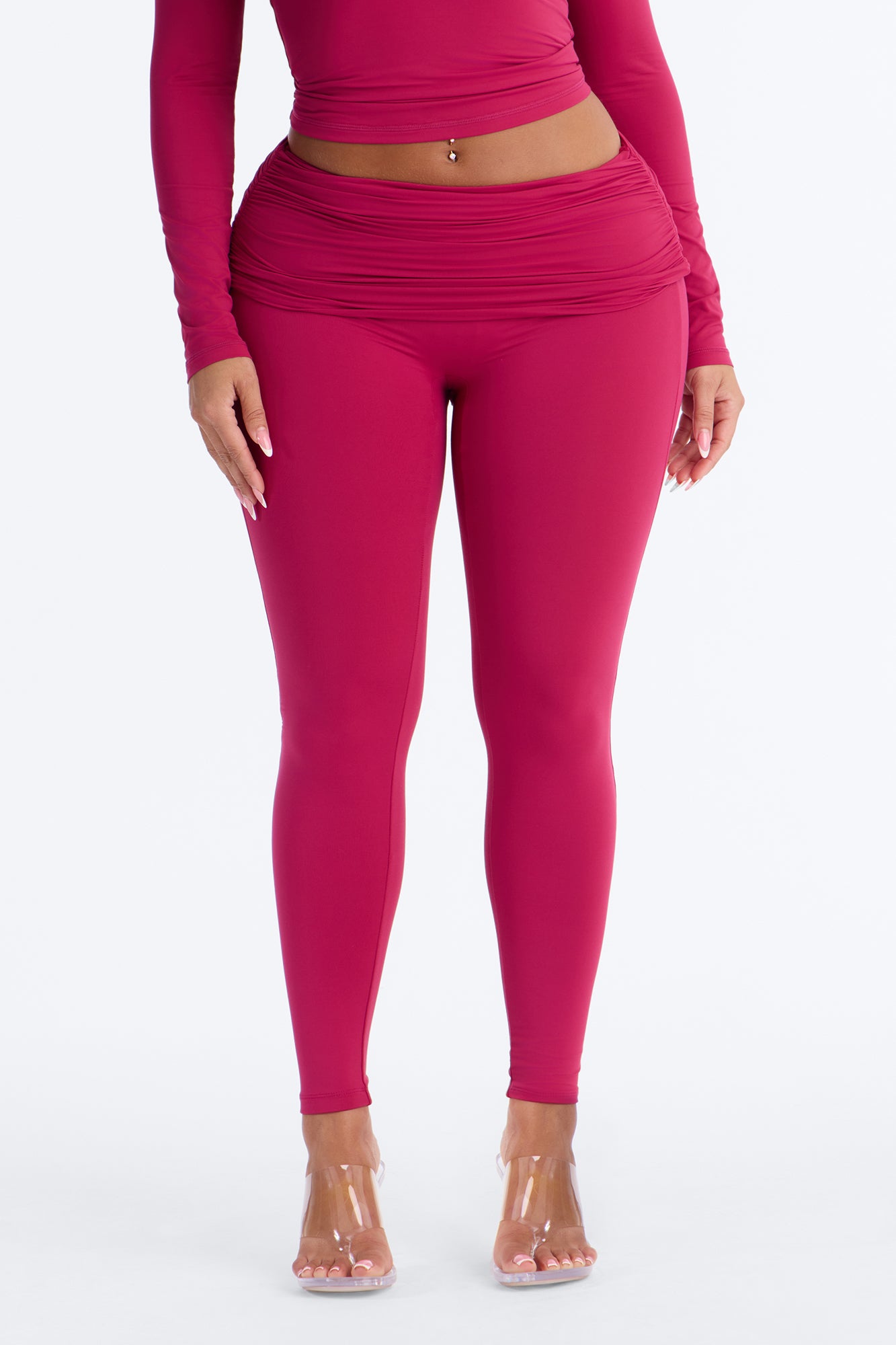 Second Skin Double Lined Ruched Foldover Leggings - Raspberry