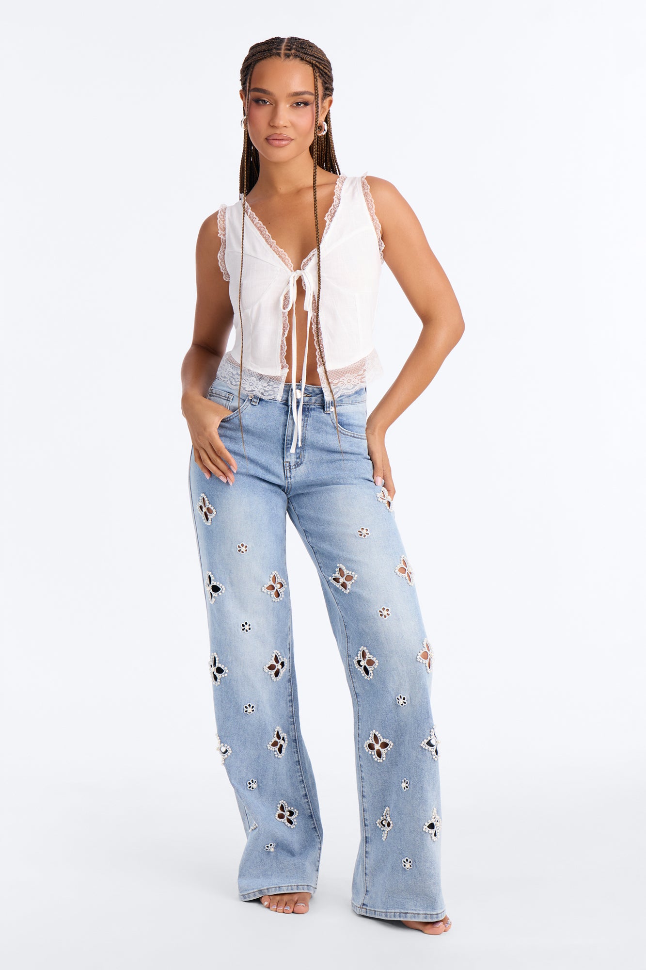 All Strung Up Embellished Wide Leg Jeans - Light Wash