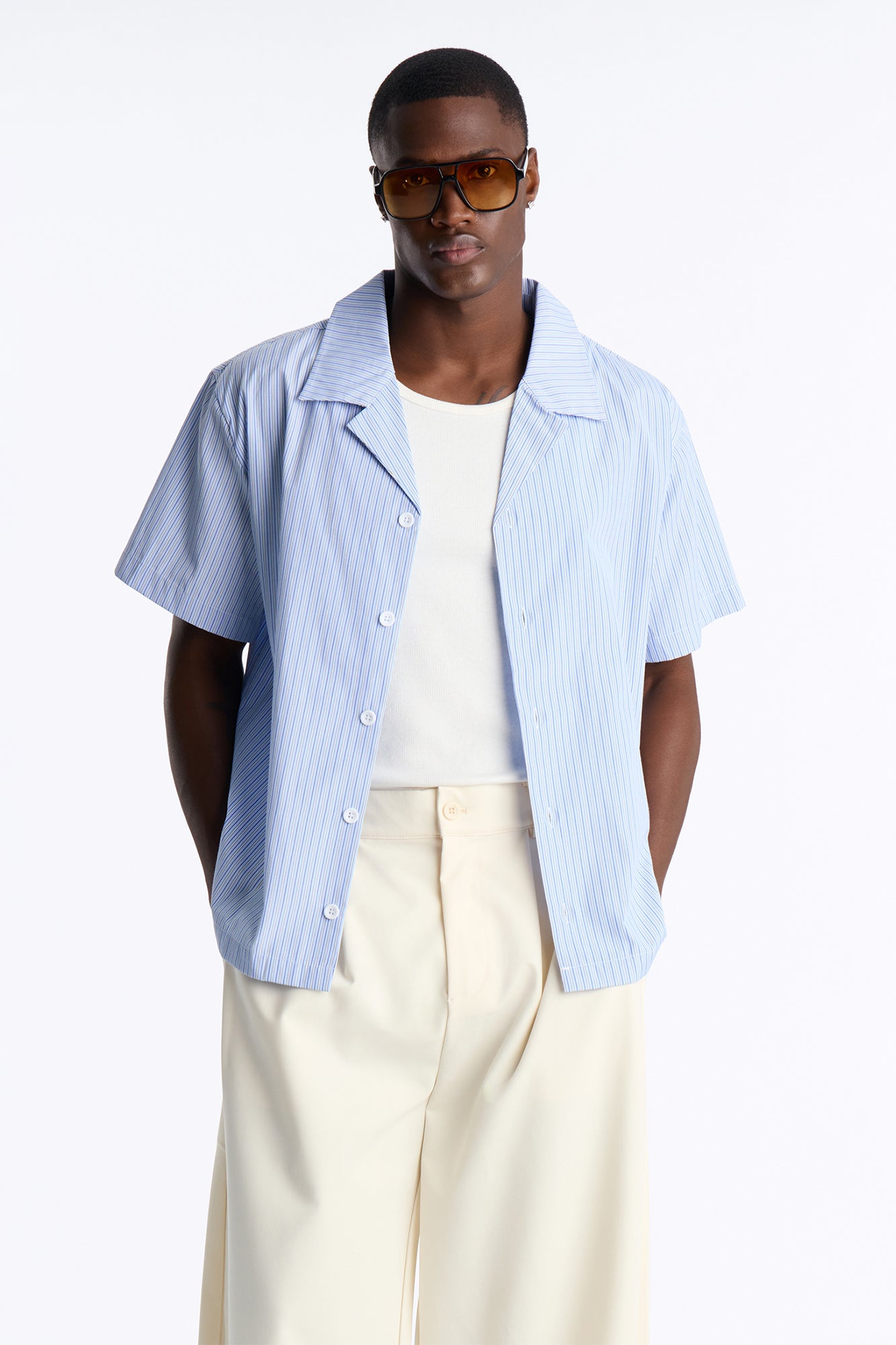 Nocturnal Stripe Cuban Collar Button Up Shirt - Blue/combo