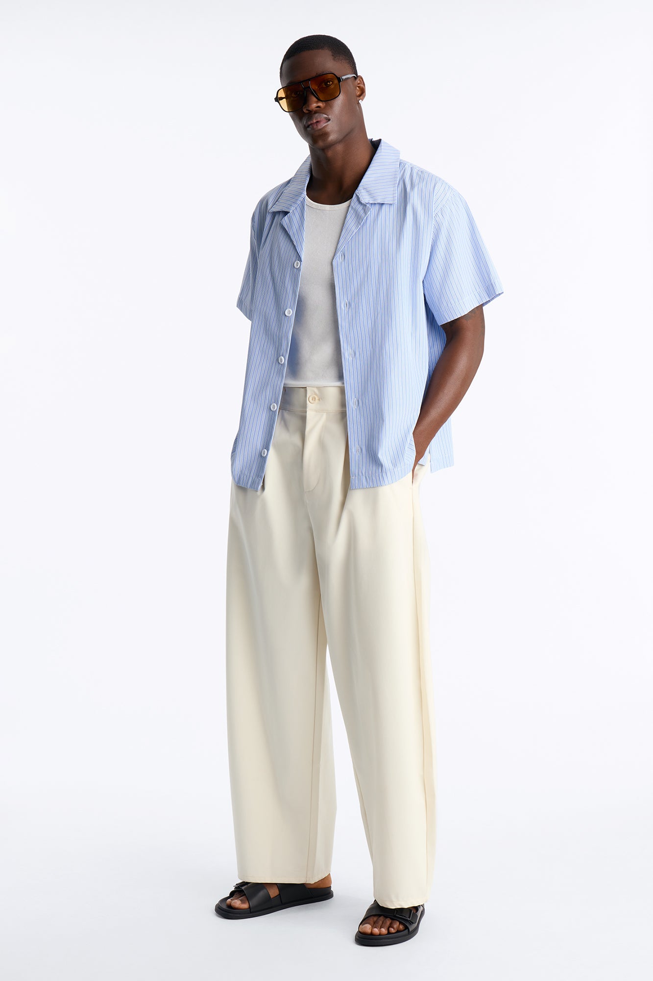 Nocturnal Stripe Cuban Collar Button Up Shirt - Blue/combo