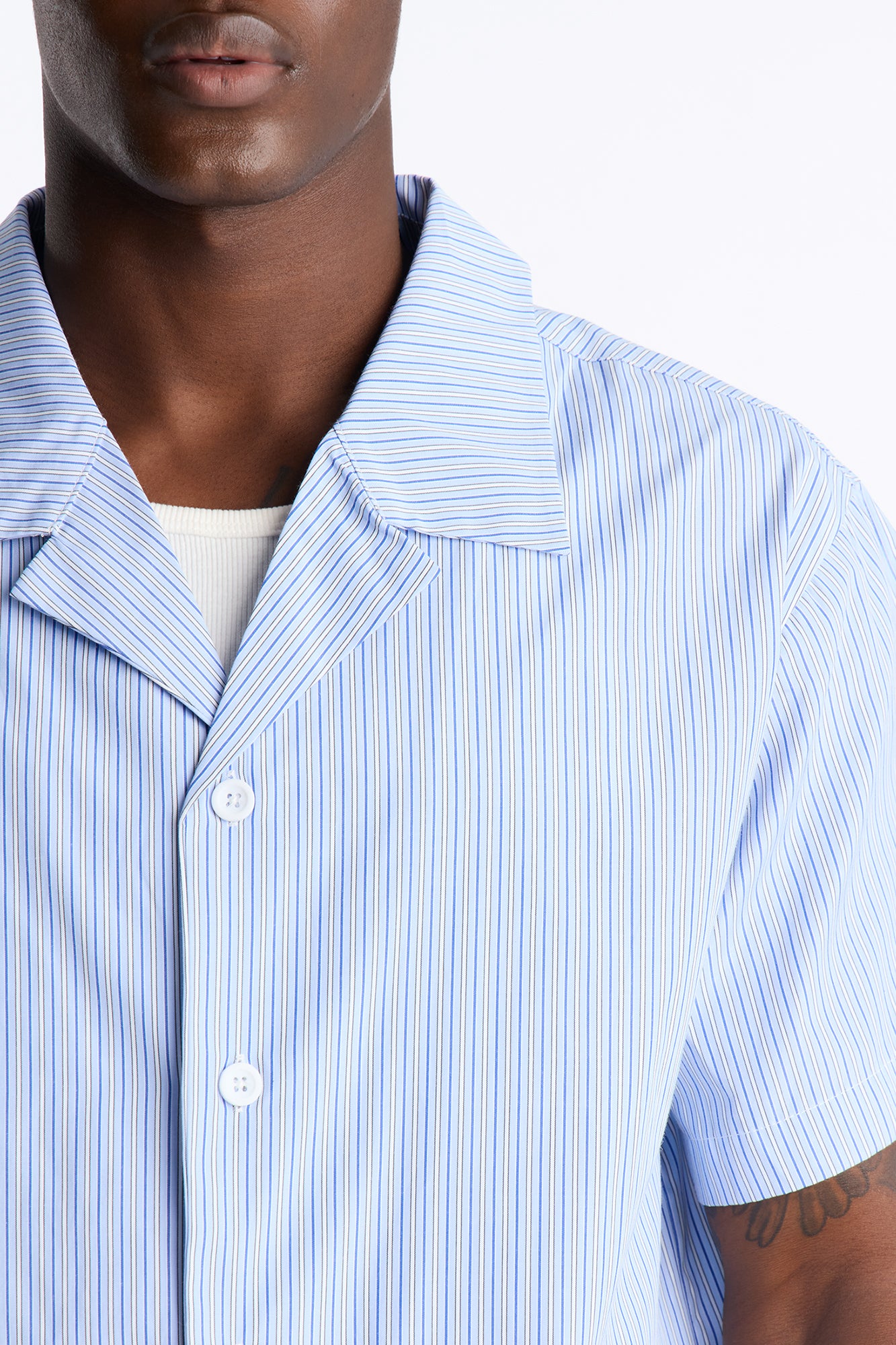 Nocturnal Stripe Cuban Collar Button Up Shirt - Blue/combo