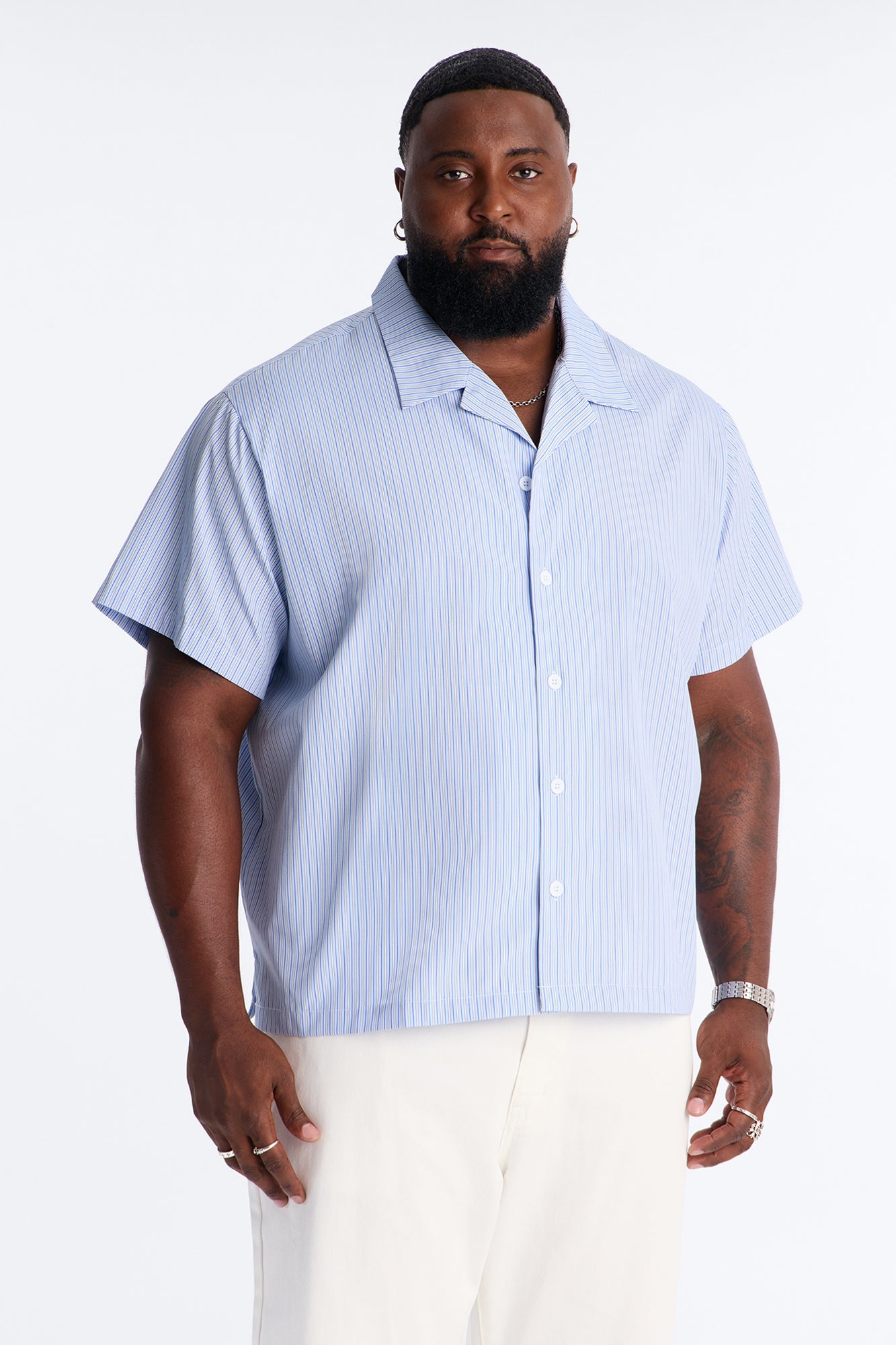 Nocturnal Stripe Cuban Collar Button Up Shirt - Blue/combo