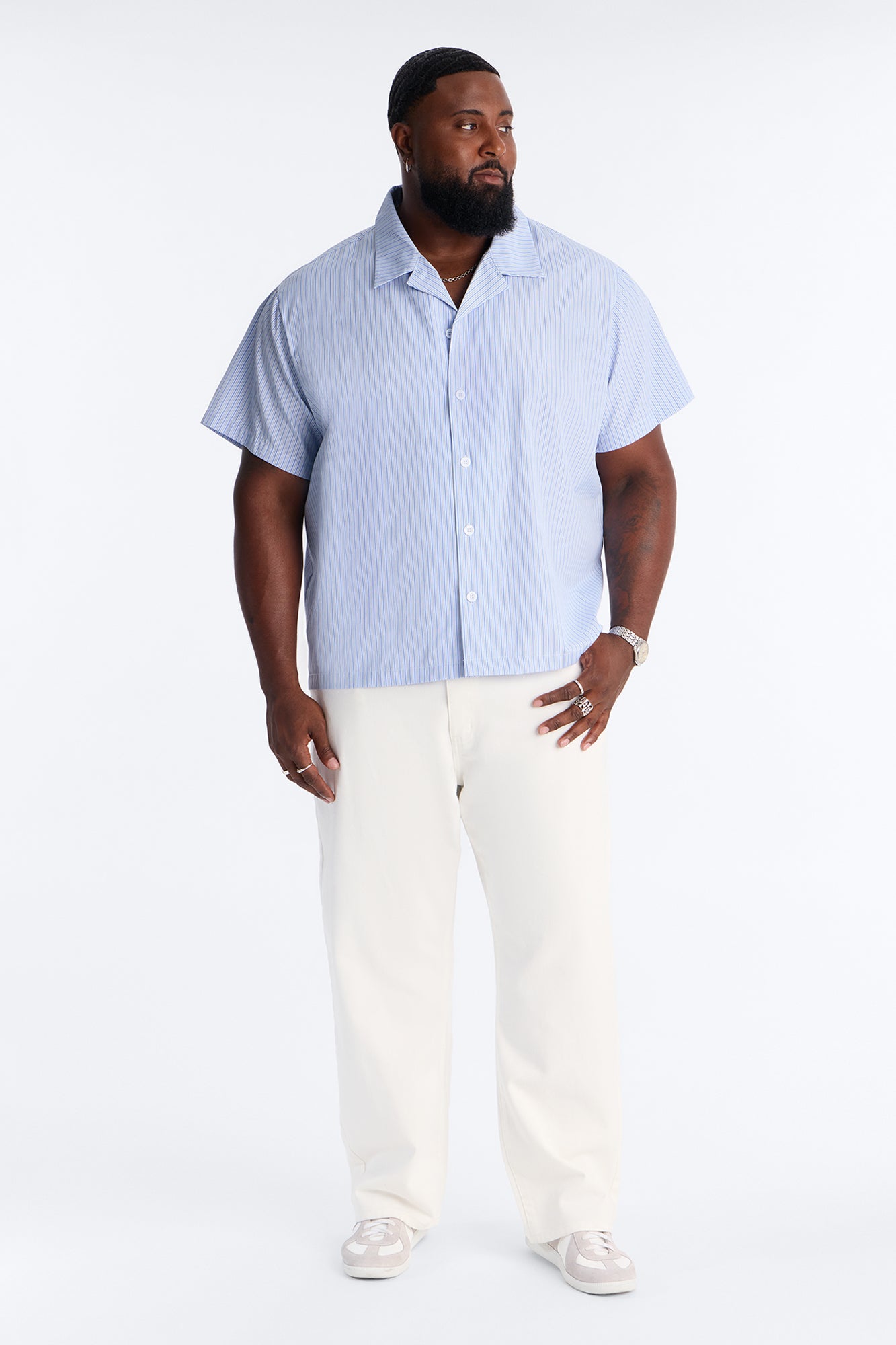 Nocturnal Stripe Cuban Collar Button Up Shirt - Blue/combo