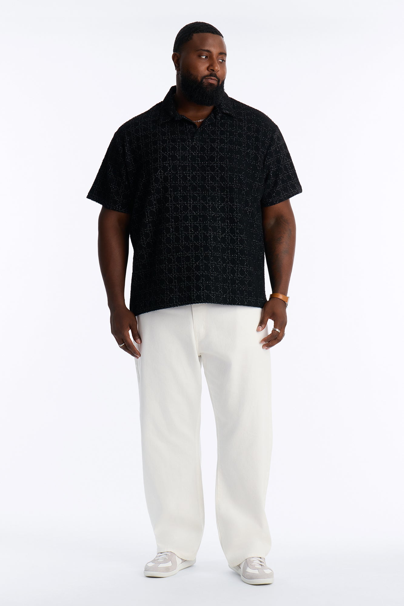 Static Textured Johnny Collar Polo - Black