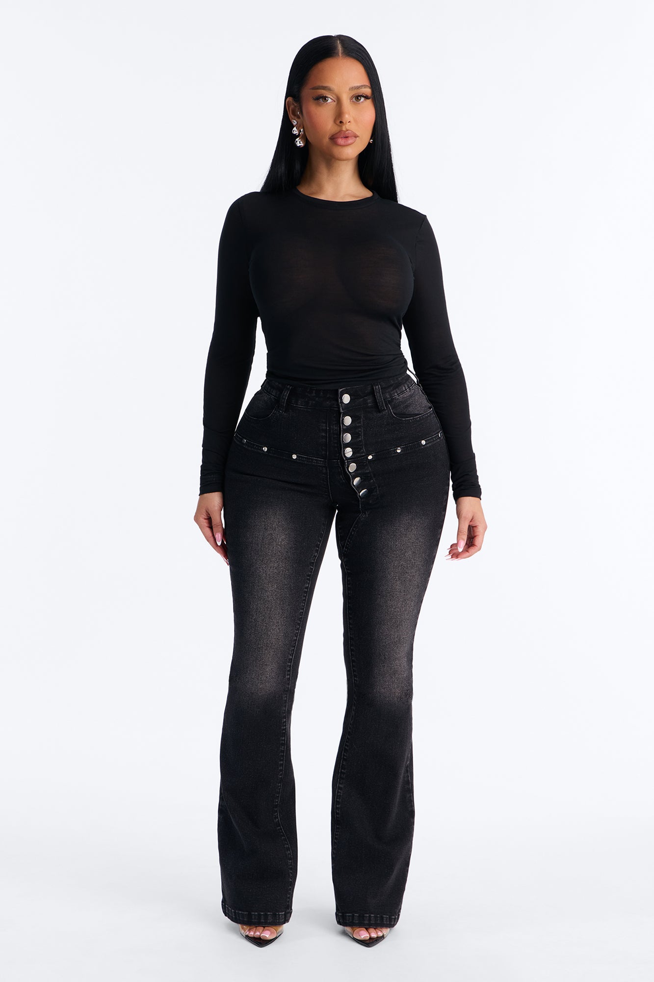 In Concert High Rise Buttonfly Stretch Bootcut Jeans - Black Wash