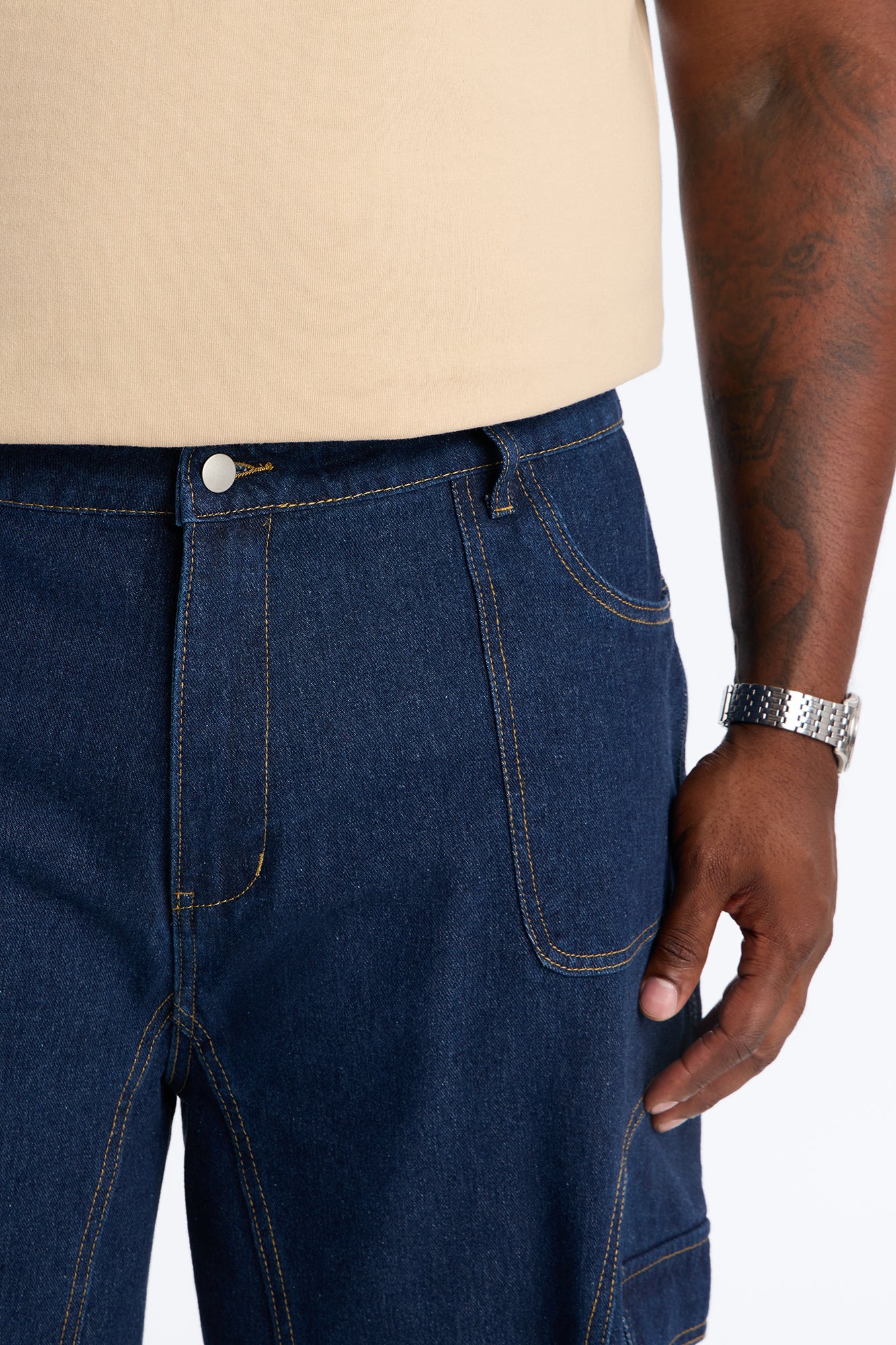 Cargo Baggy Paneled Denim Short - Indigo