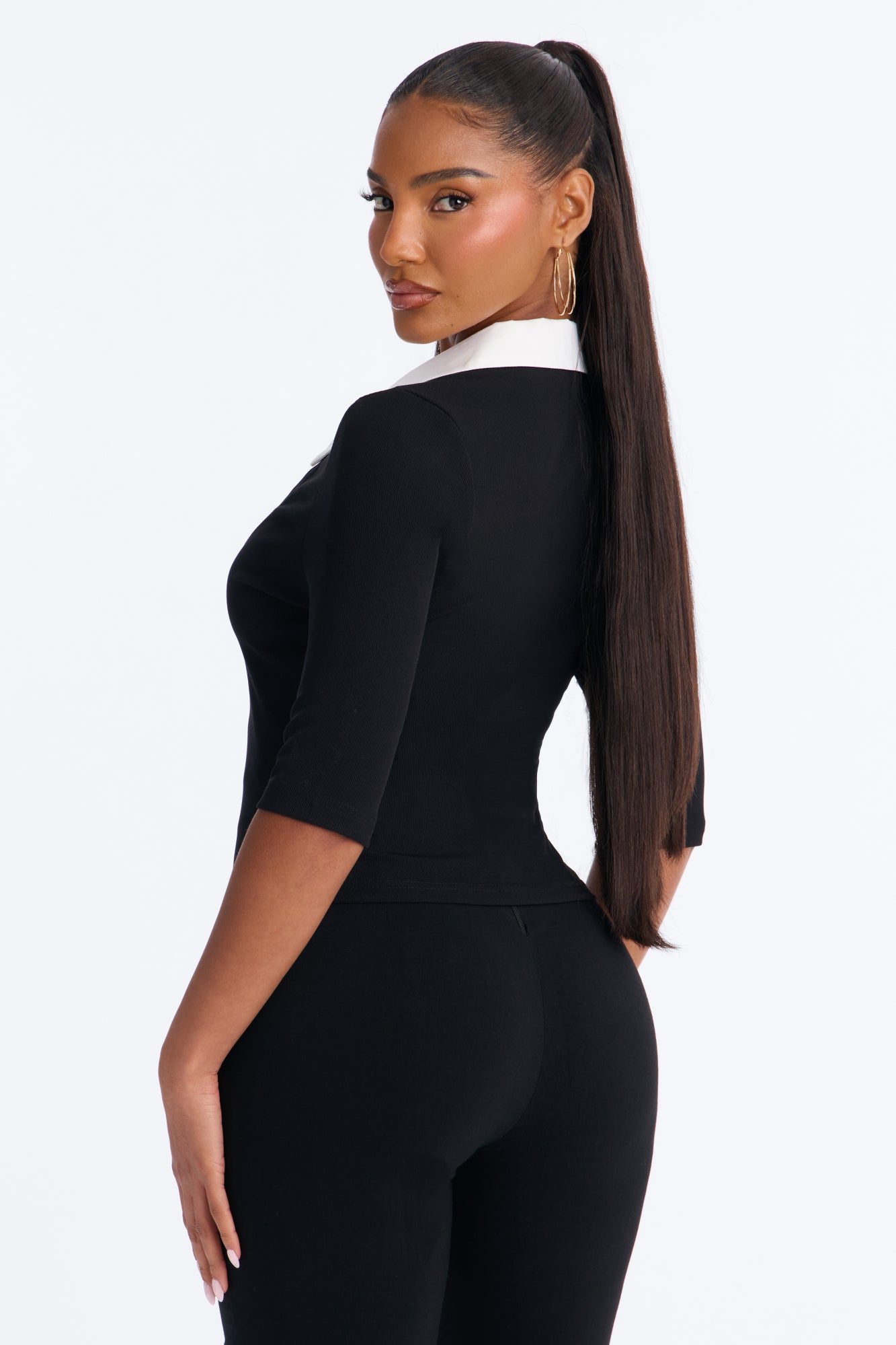 Keep It Professional Ribbed Collared Elbow Sleeve Top - Black/combo