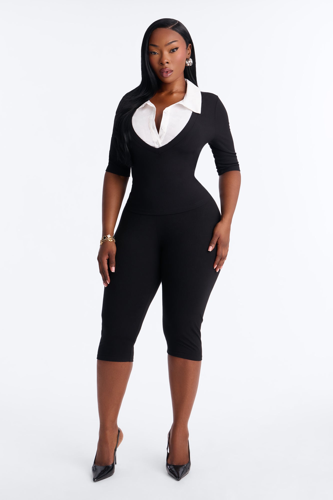 Keep It Professional Ribbed Collared Elbow Sleeve Top - Black/combo