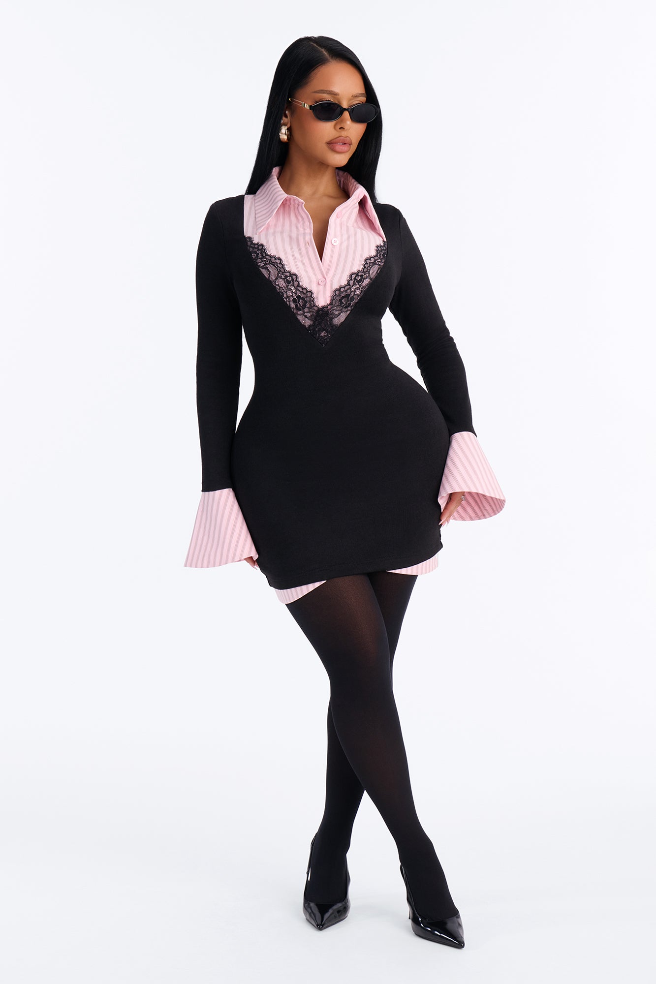 Cut To The Chase Collar Mini Dress - Black/Pink