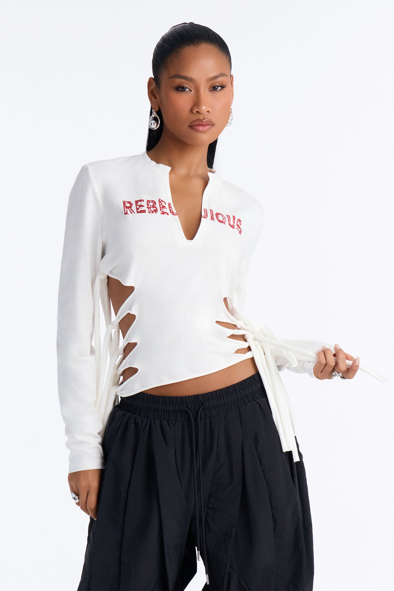 All Tied Up V-Neck Long Sleeve Tee - White