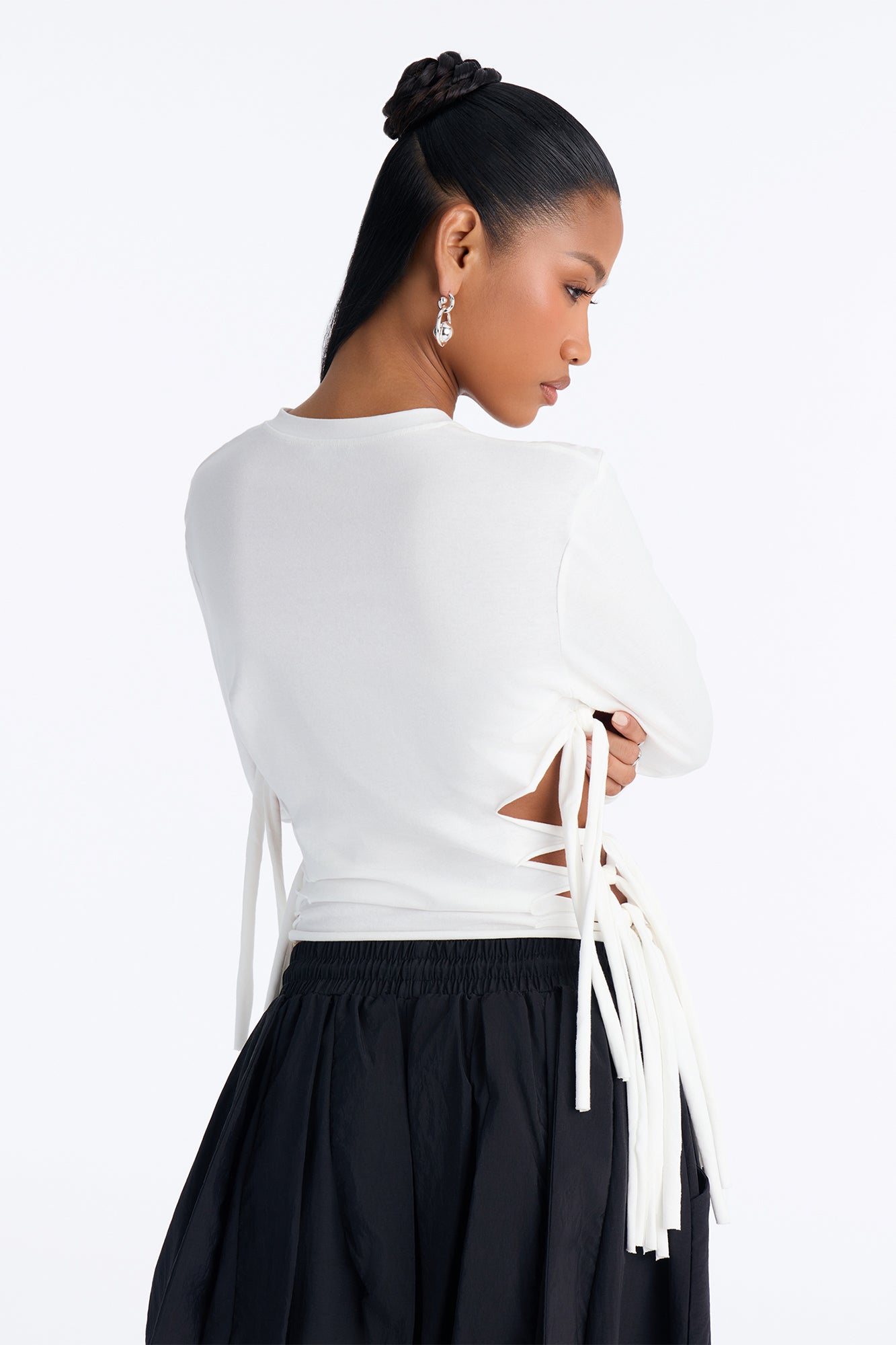 All Tied Up V-Neck Long Sleeve Tee - White