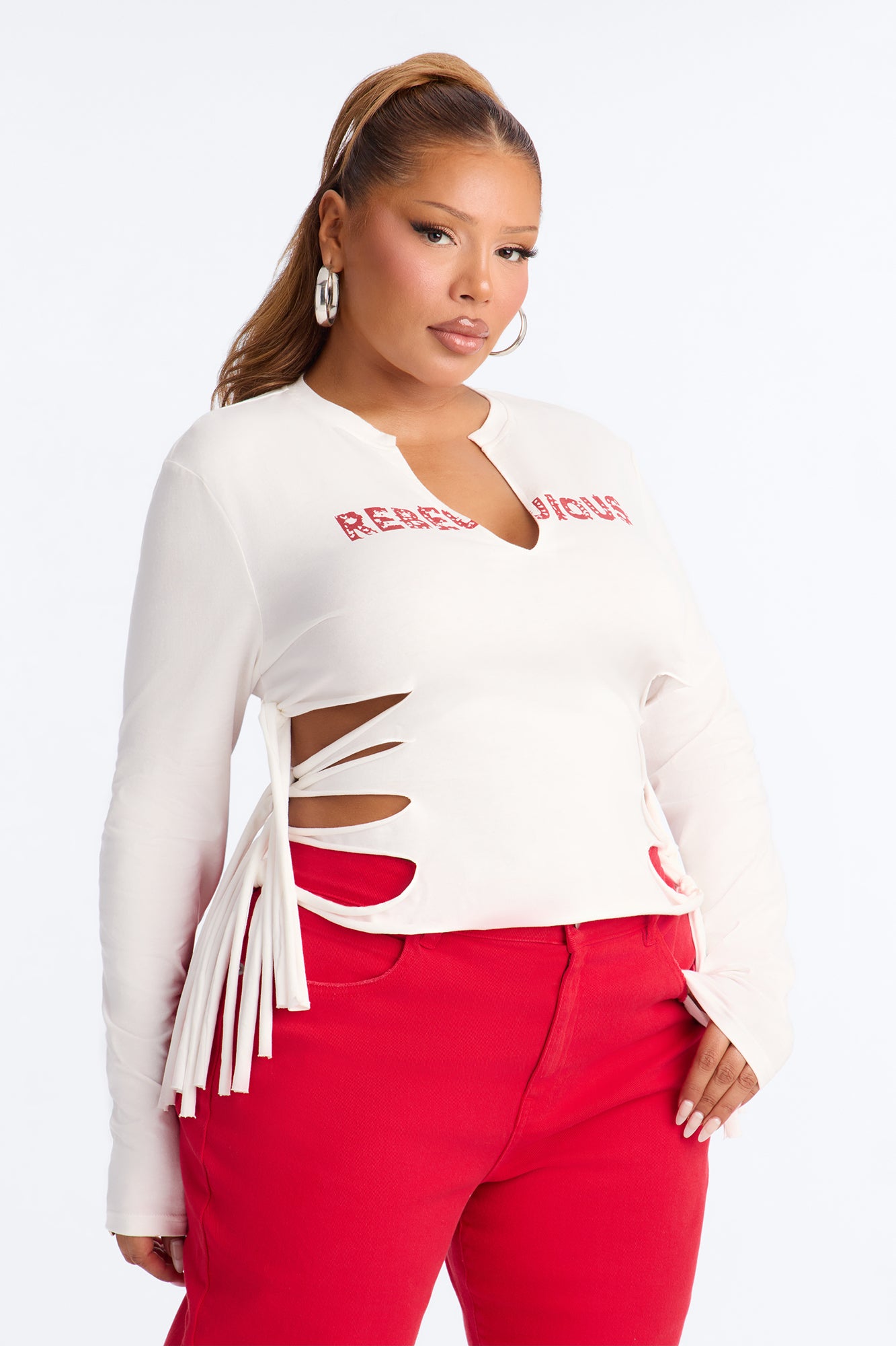 All Tied Up V-Neck Long Sleeve Tee - White