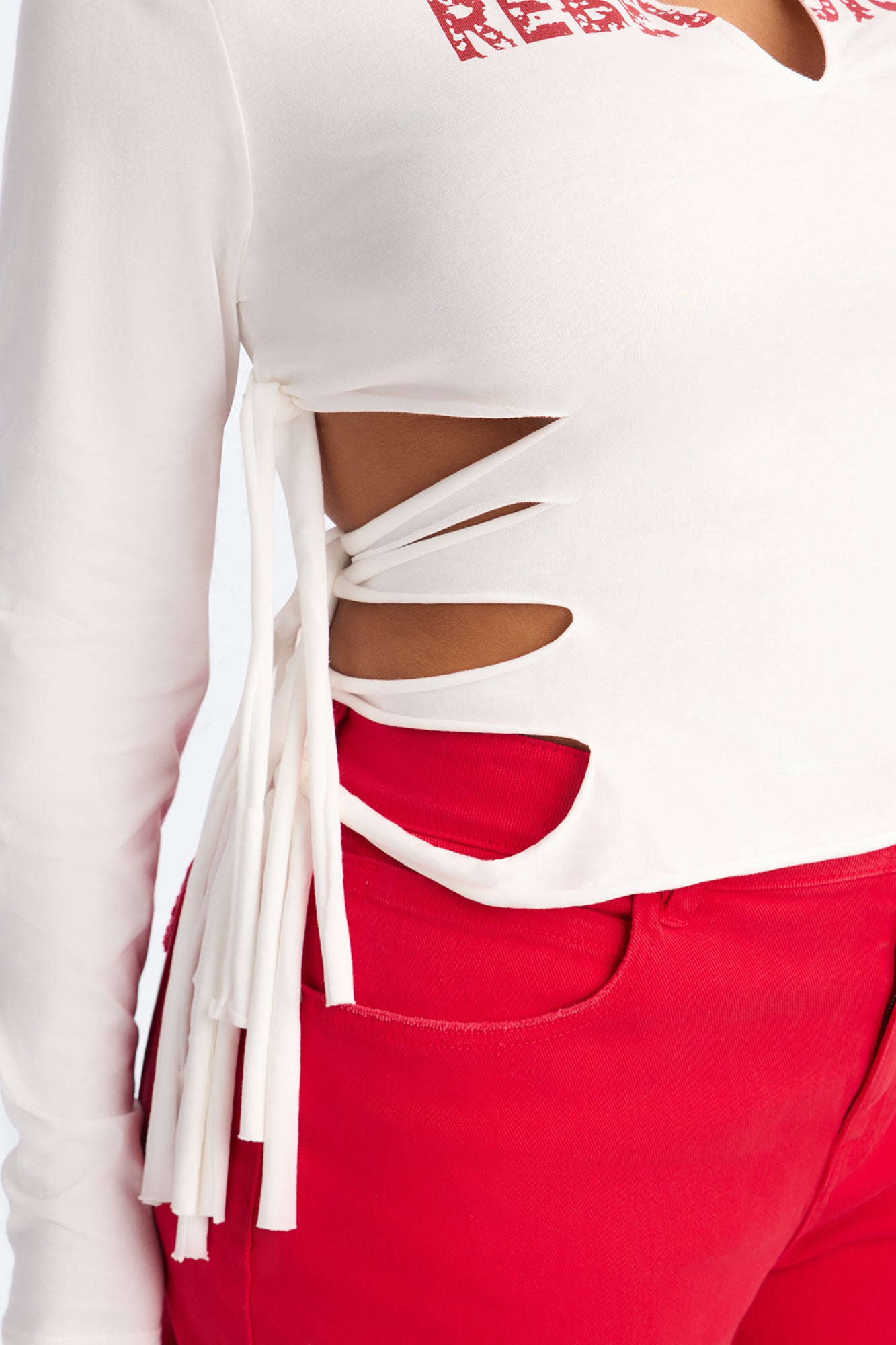 All Tied Up V-Neck Long Sleeve Tee - White