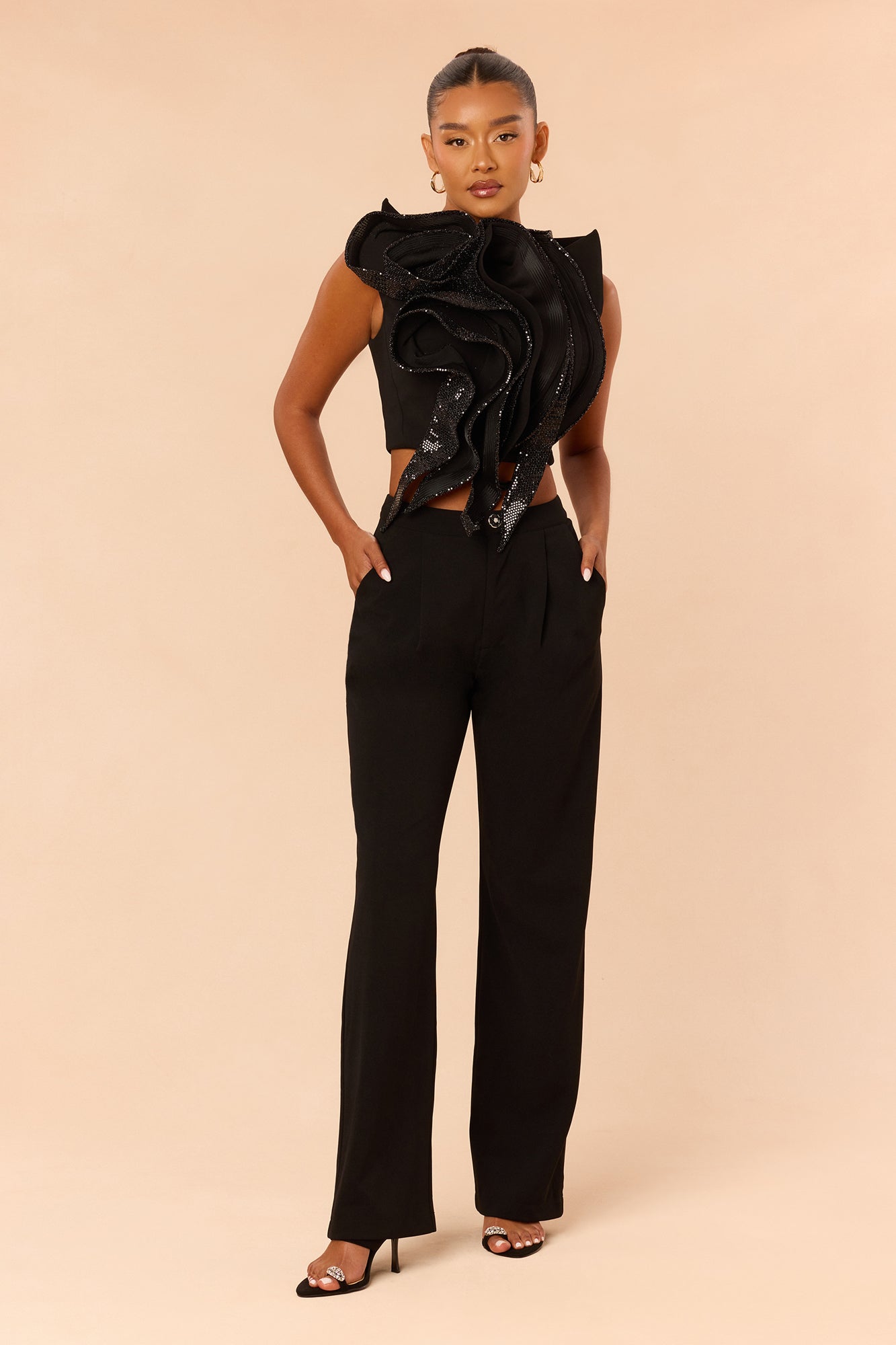 Sasha Embellished Ruffle Pant Set - Black