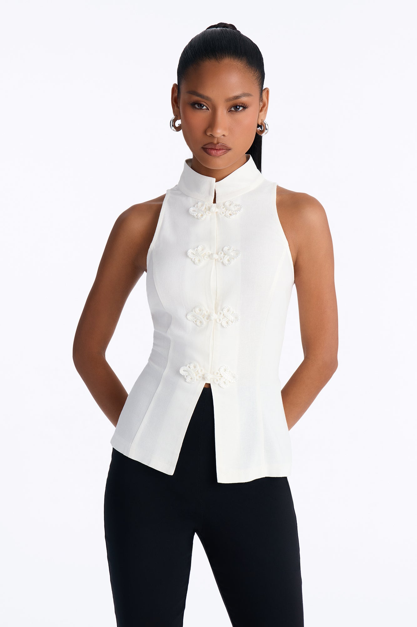 Lily Mock Neck Linen Blouse - White