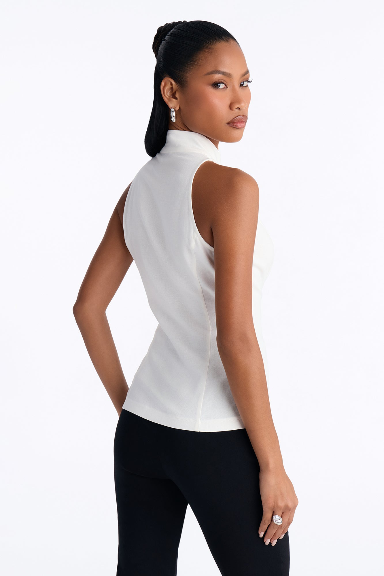 Lily Mock Neck Linen Blouse - White