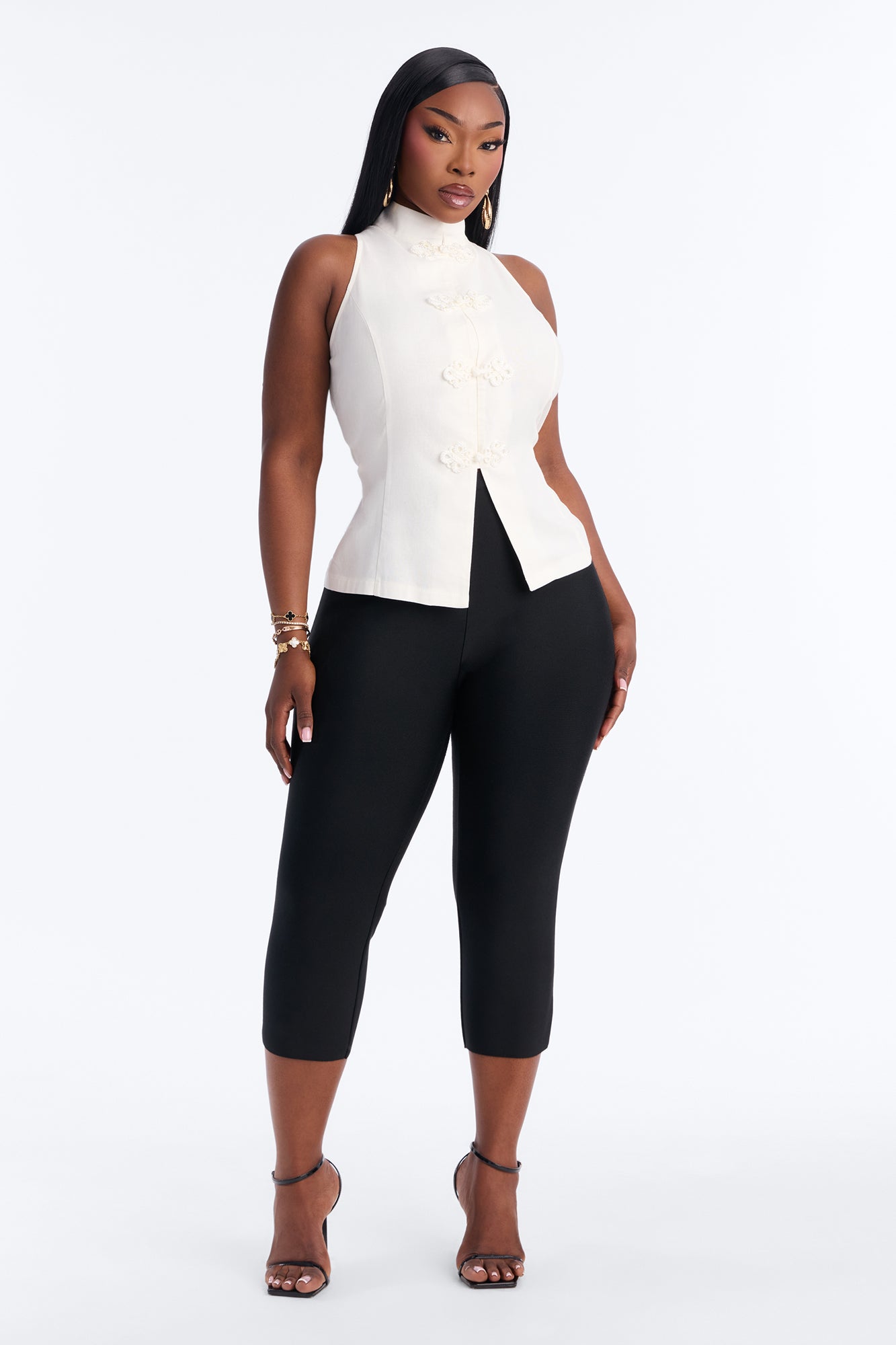 Lily Mock Neck Linen Blouse - White