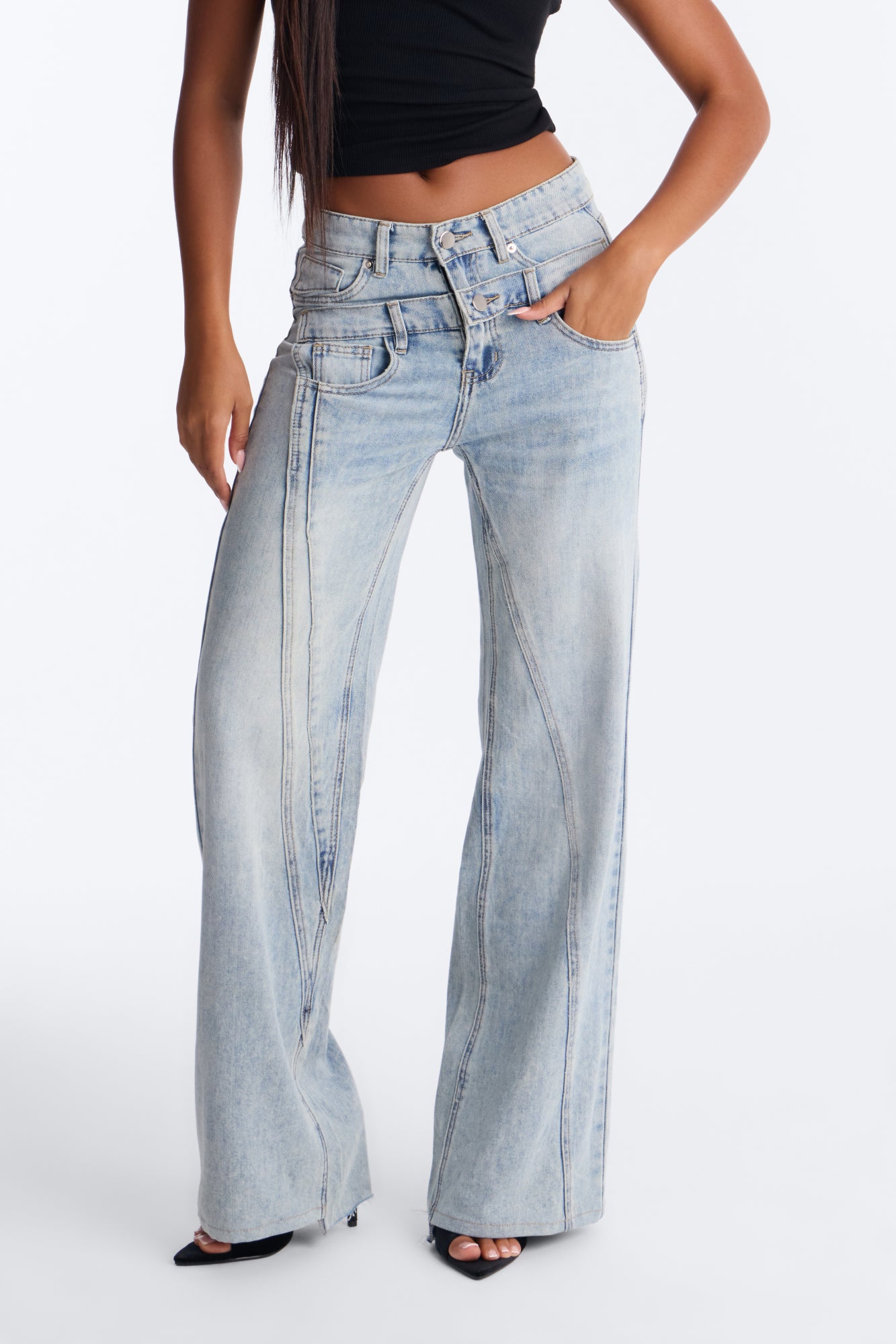 Take Me Away Double Waistband Straight Leg Jeans - Light Wash