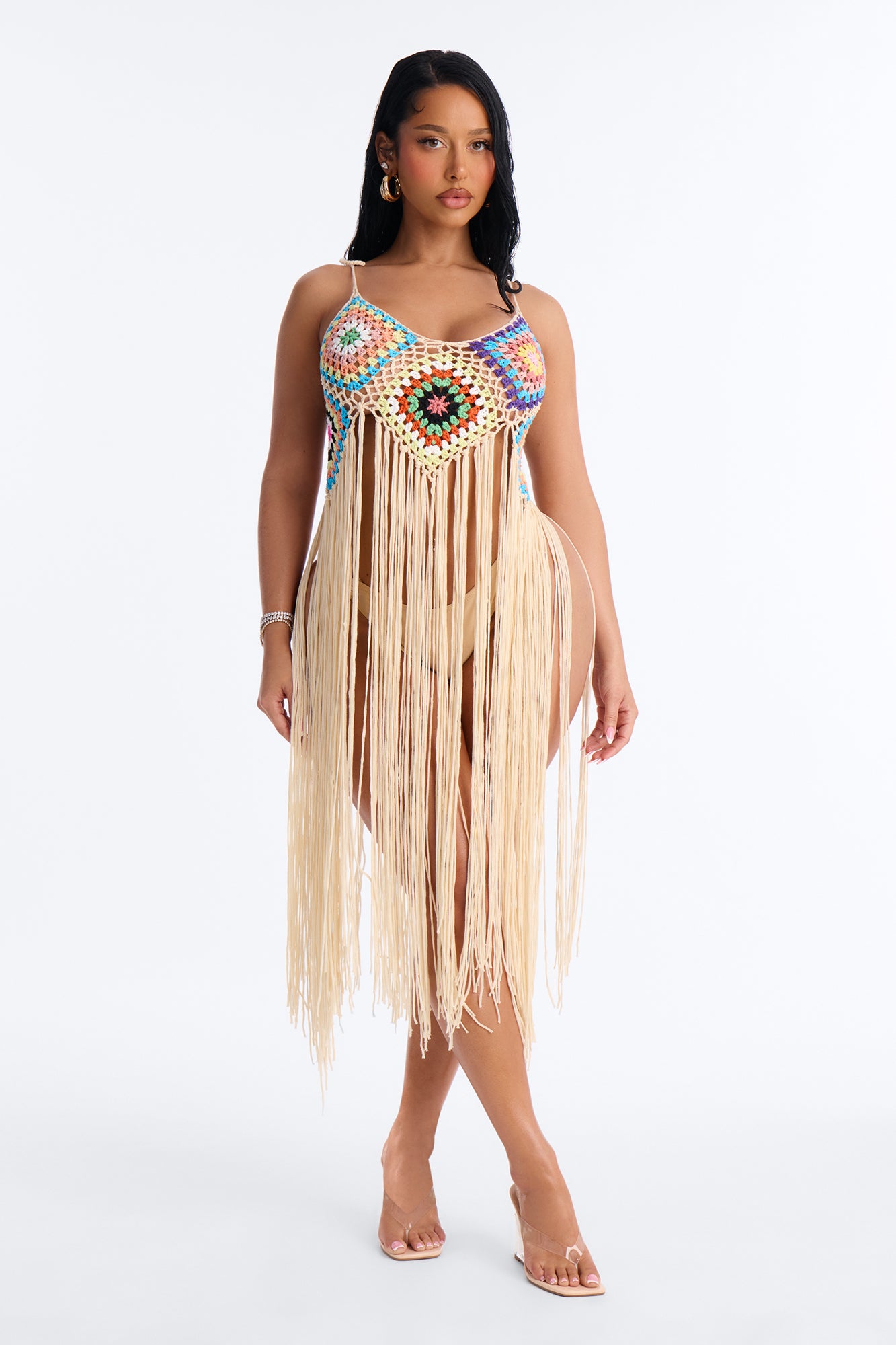 Indira Crochet Cover Up Fringe Dress - Tan/Multi